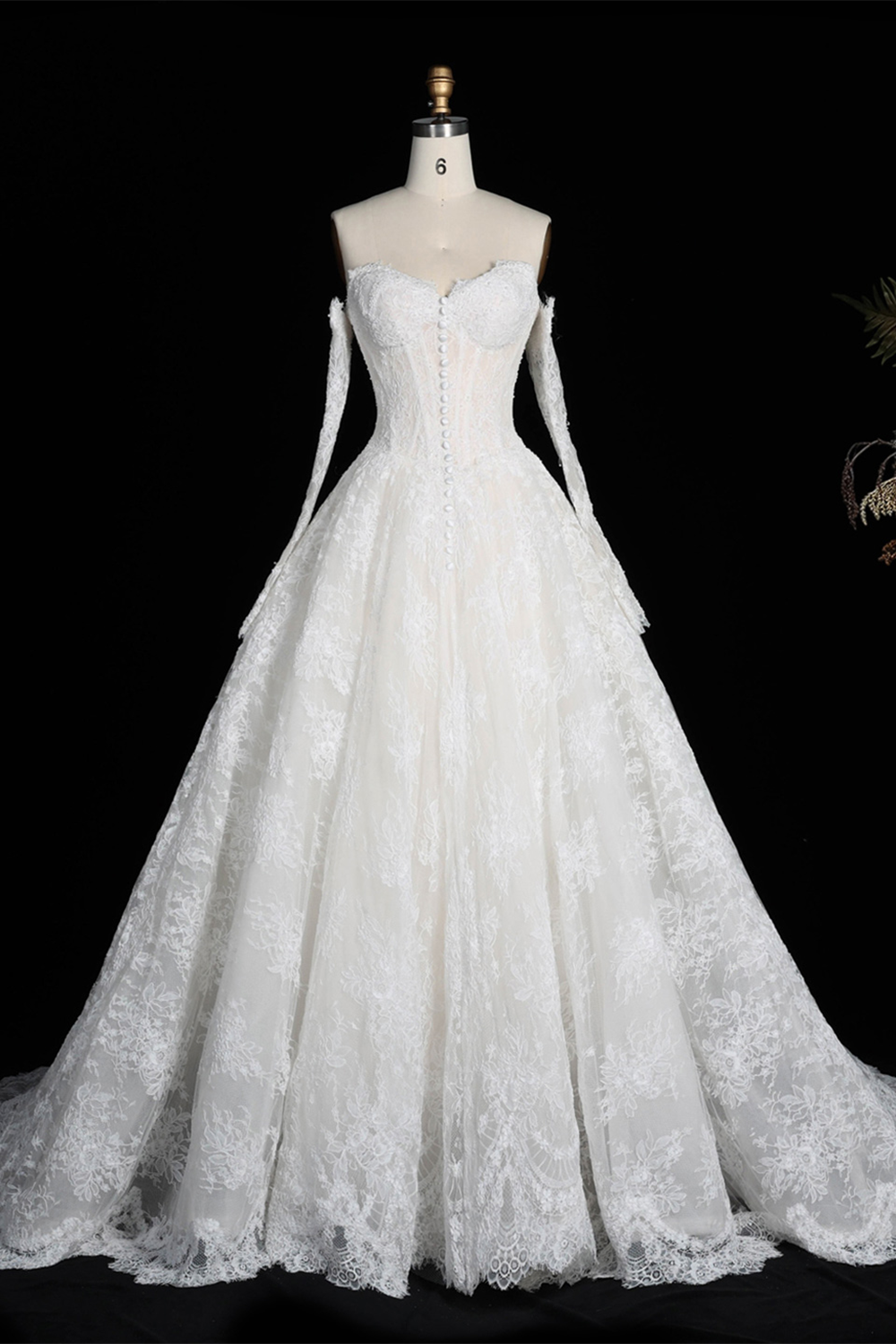 White Full Lace Ball Gown Bridal Dress Sweetheart Neckline with Matching Long Sleeves SW677 Sheer Fairy