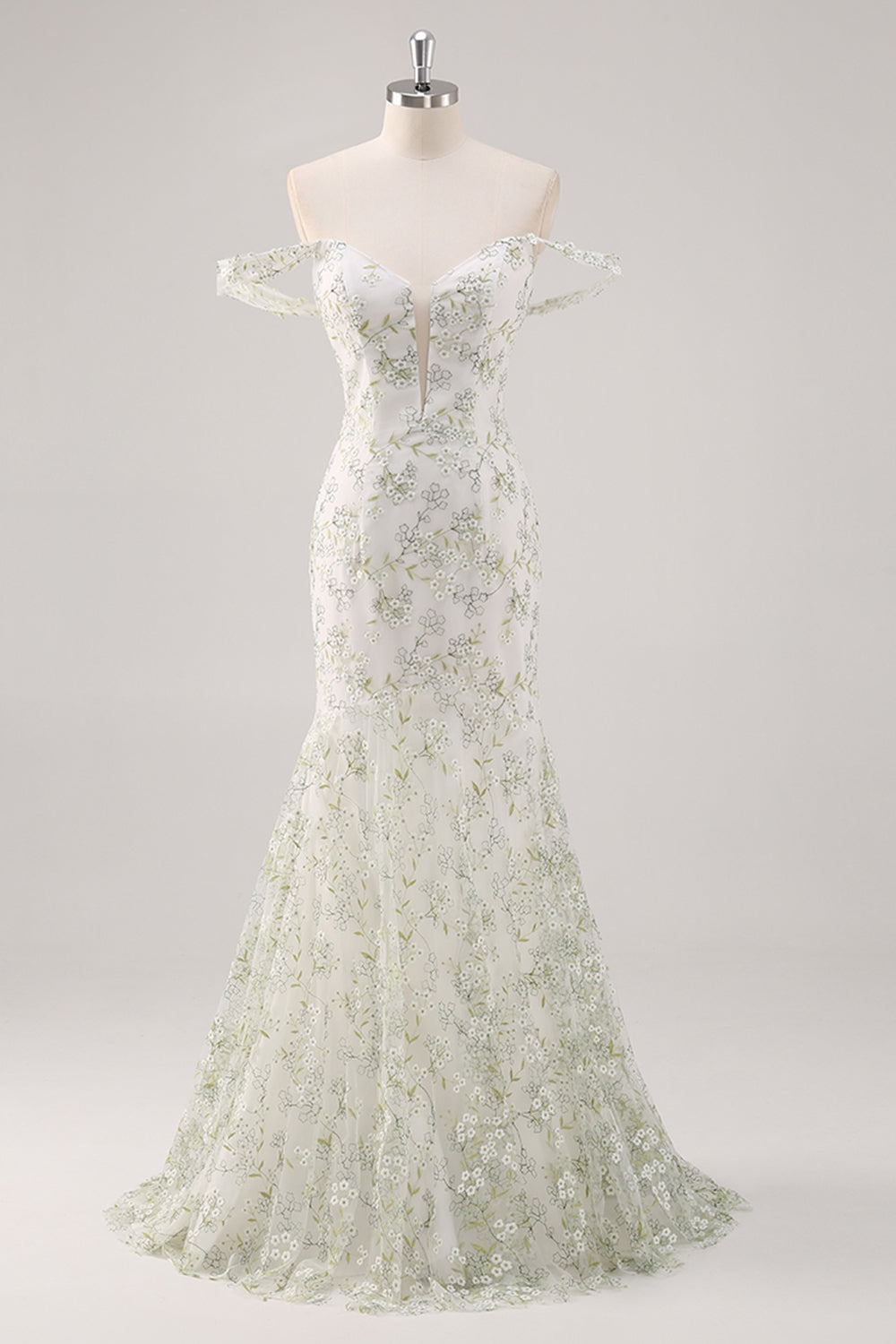 White Lace Mermaid Off-the-Shoulder Flora Beige Prom Dress SH460 Sheer Fairy