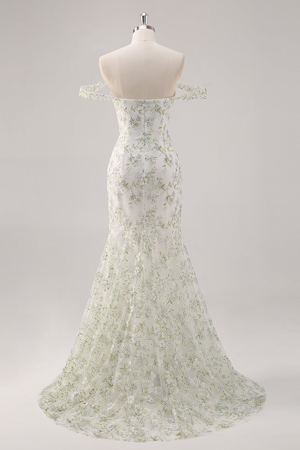 White Lace Mermaid Off-the-Shoulder Flora Beige Prom Dress SH460 Sheer Fairy