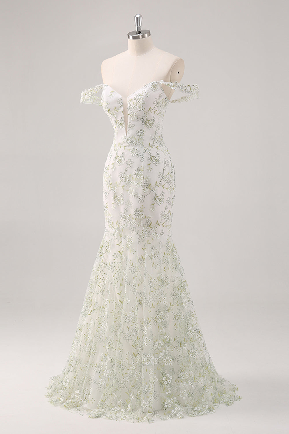 White Lace Mermaid Off-the-Shoulder Flora Beige Prom Dress SH460 Sheer Fairy