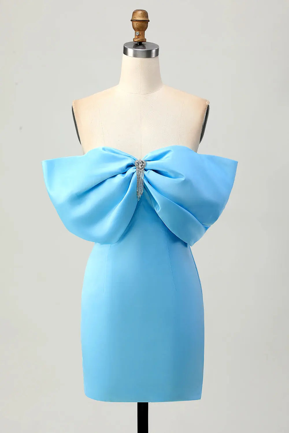 Light Blue Satin Off-Shoulder Sheath Mini Homecoming Dress RM185 Sheer Fairy