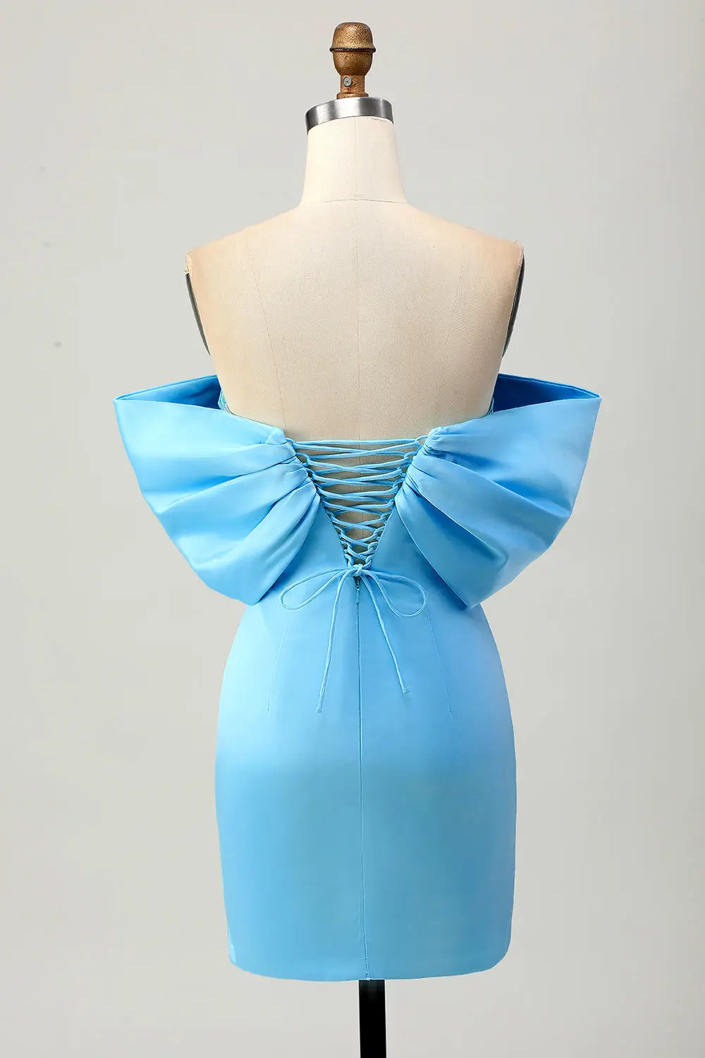Light Blue Satin Off-Shoulder Sheath Mini Homecoming Dress RM185 Sheer Fairy