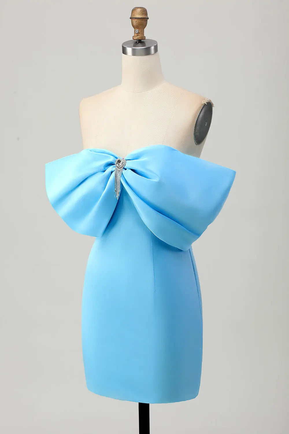 Light Blue Satin Off-Shoulder Sheath Mini Homecoming Dress RM185 Sheer Fairy