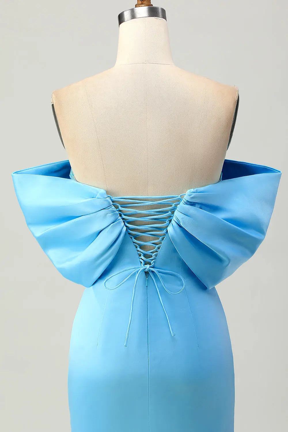 Light Blue Satin Off-Shoulder Sheath Mini Homecoming Dress RM185 Sheer Fairy
