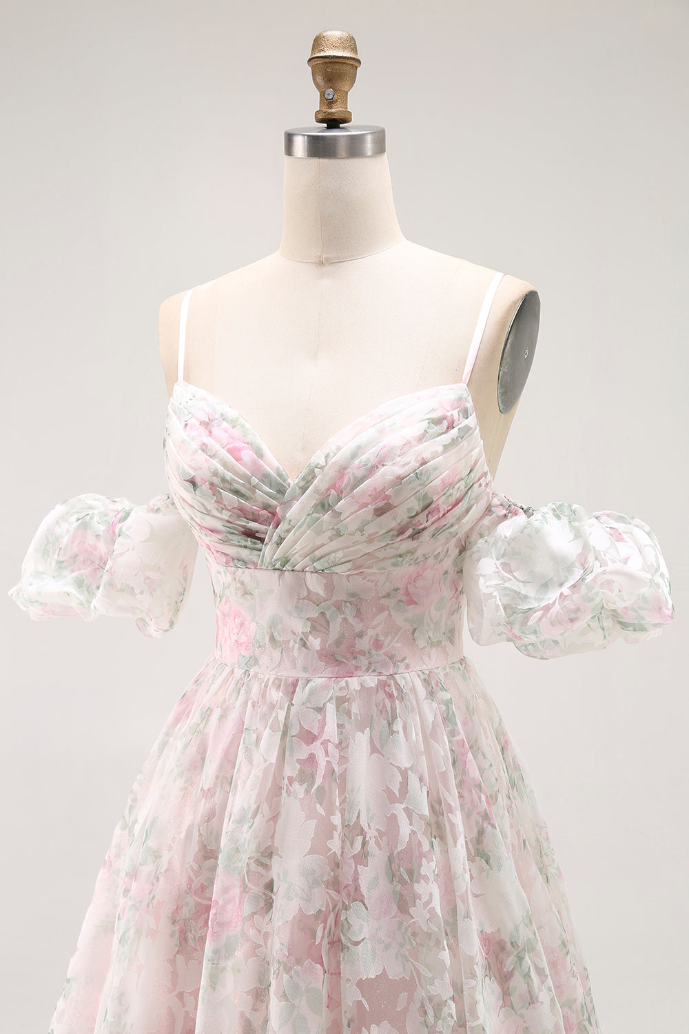 Blush Pink Floral Lace Ball Gown Prom Dress with Ruffled Sleeves SH431 Sheer Fairy