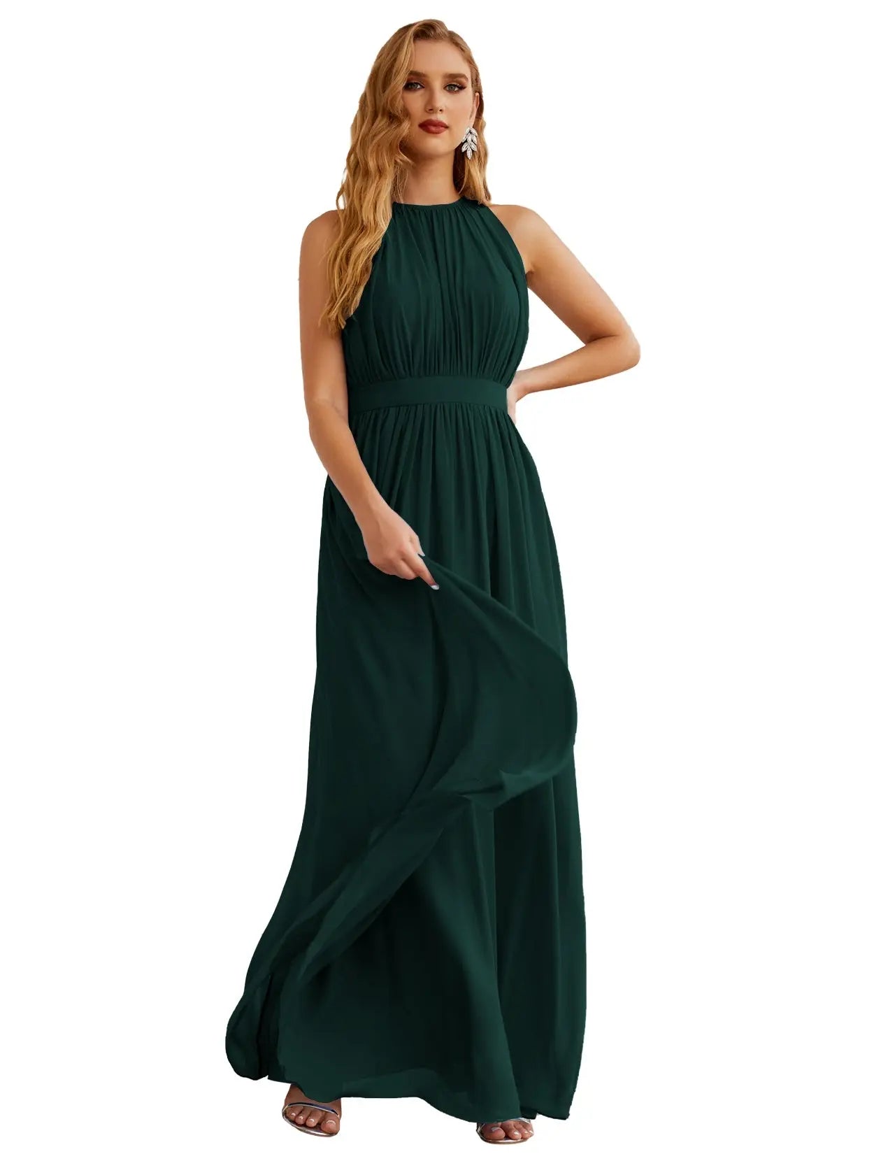 Elegant Dusty Blue High Neck Chiffon A-Line Bridesmaid Dress BS017 Sheer Fairy