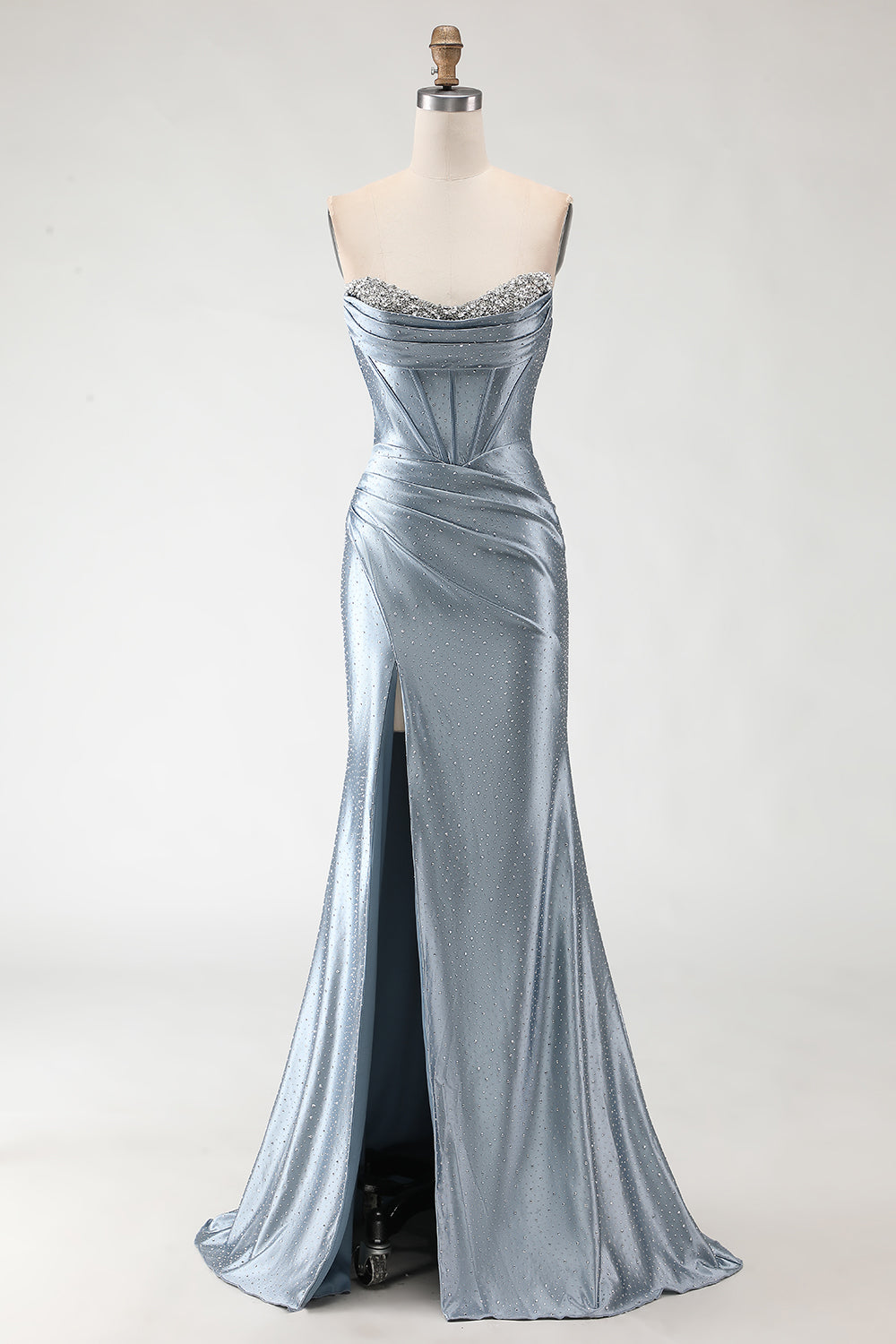 Light Blue Satin Mermaid Sweetheart Prom Dress with High Slit SH449 Sheer Fairy