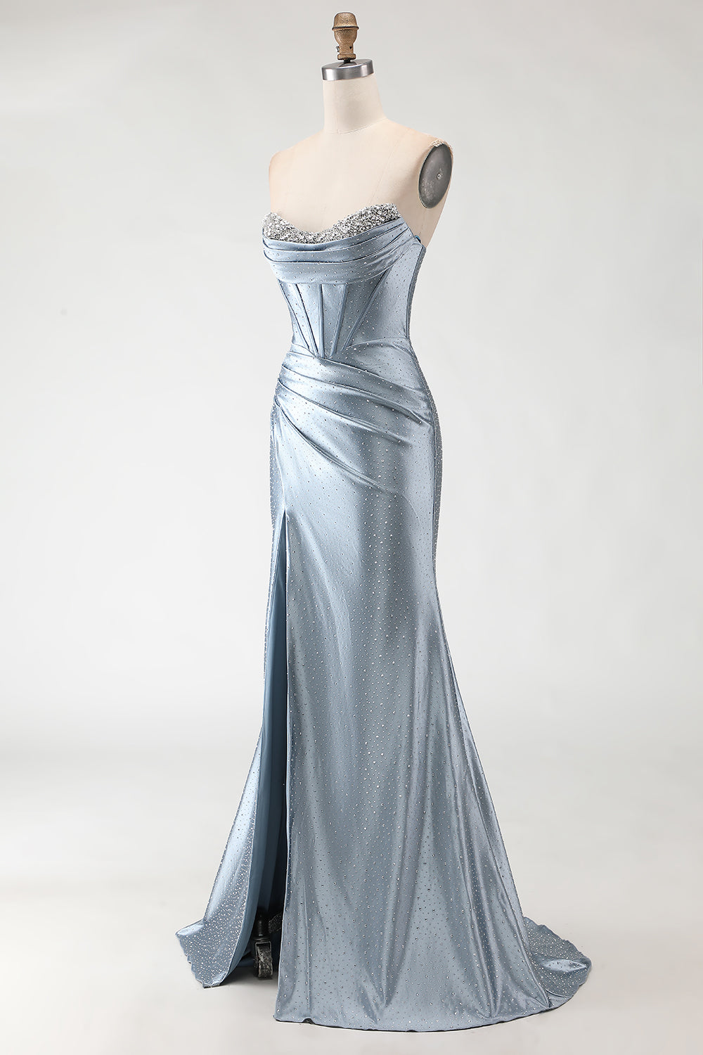 Light Blue Satin Mermaid Sweetheart Prom Dress with High Slit SH449 Sheer Fairy
