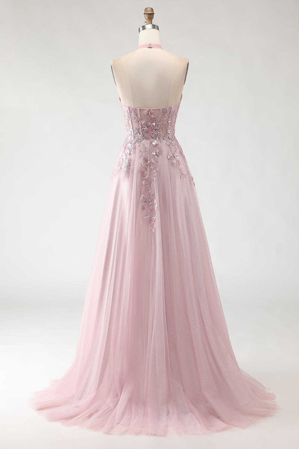 Sparkled Blush Pink Tulle Halter A-Line Prom Dress SH430 Sheer Fairy