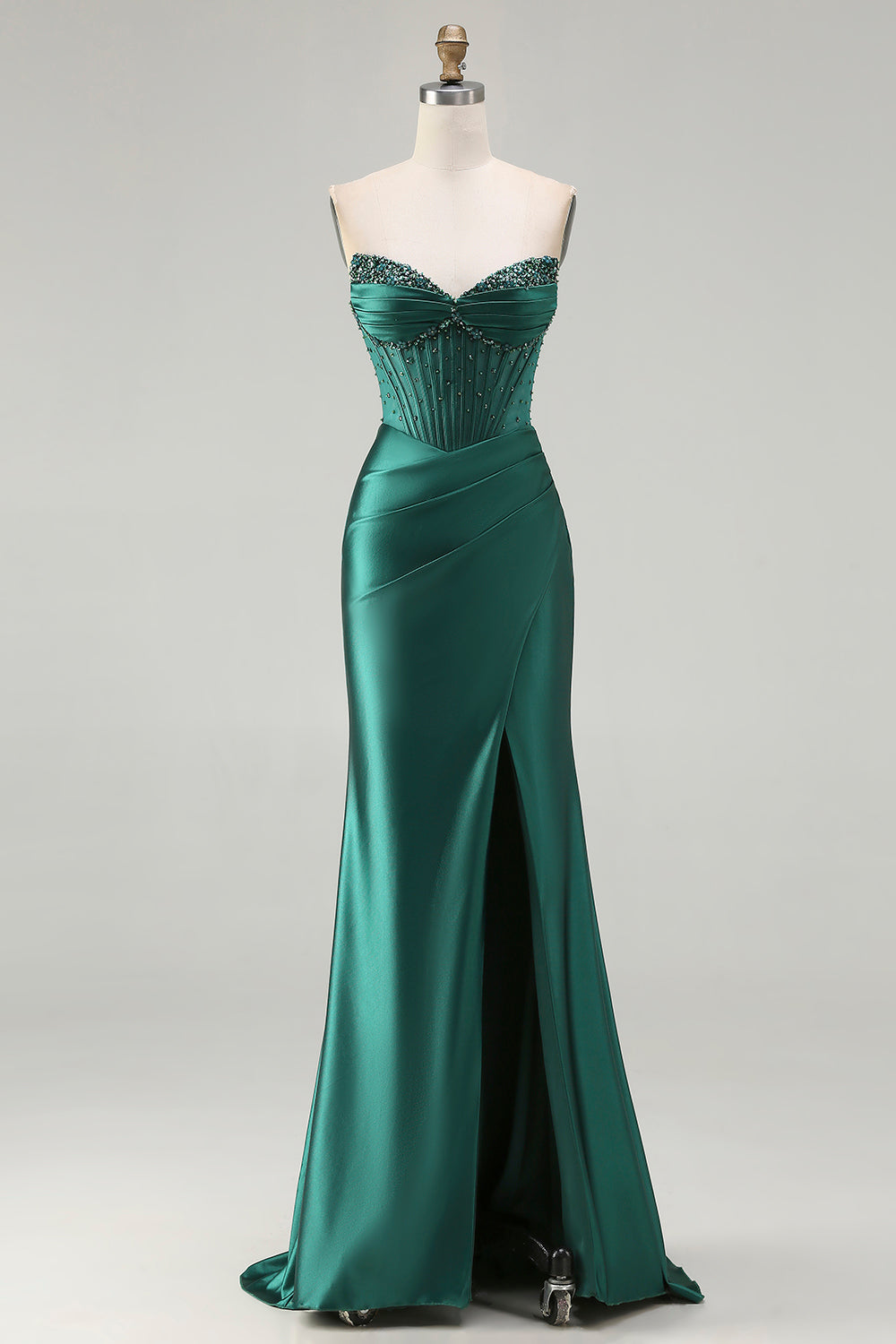 Emerald Green Beaded Satin Mermaid Sweetheart Lace Prom Dress SH448 Sheer Fairy