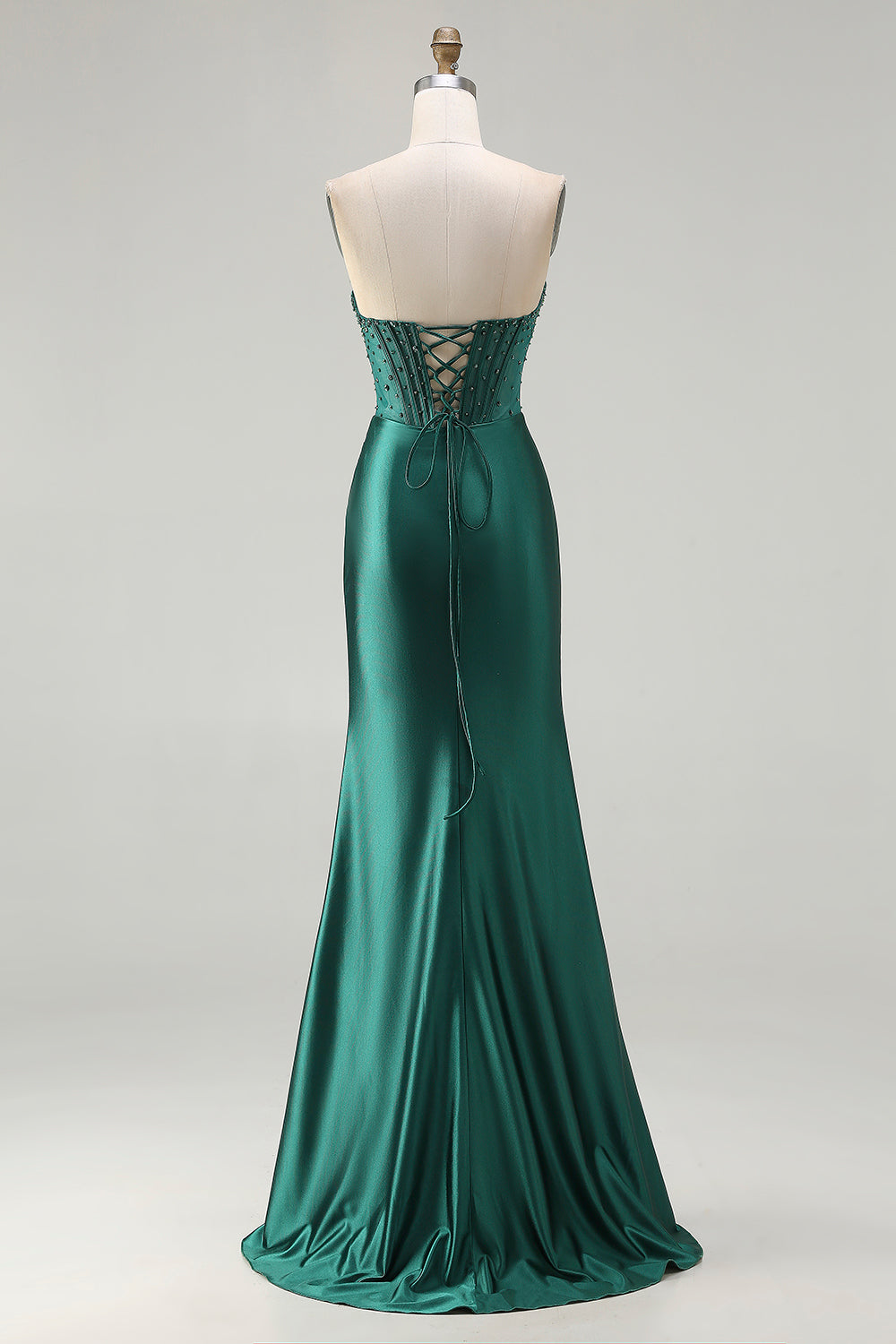 Emerald Green Beaded Satin Mermaid Sweetheart Lace Prom Dress SH448 Sheer Fairy
