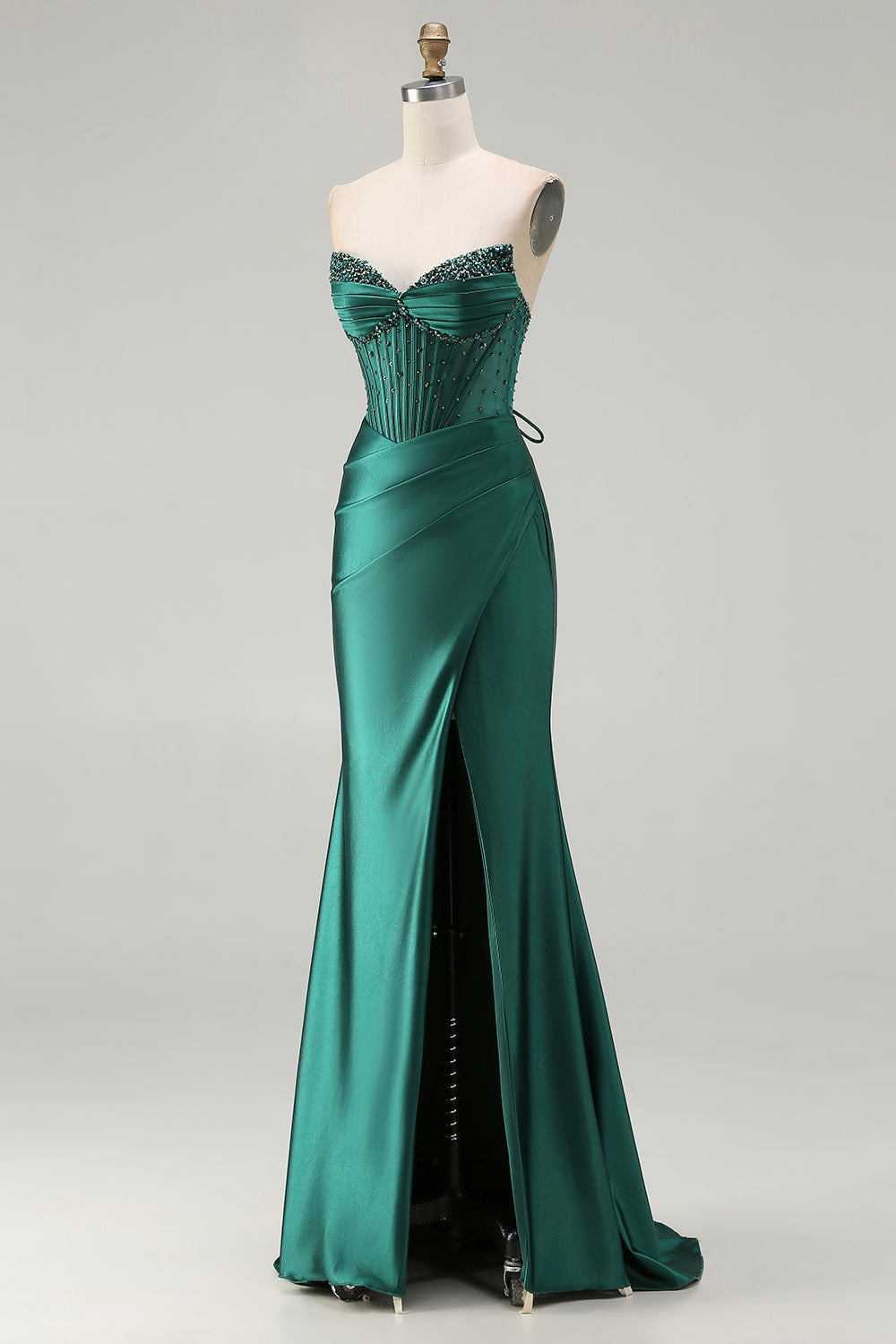 Emerald Green Beaded Satin Mermaid Sweetheart Lace Prom Dress SH448 Sheer Fairy