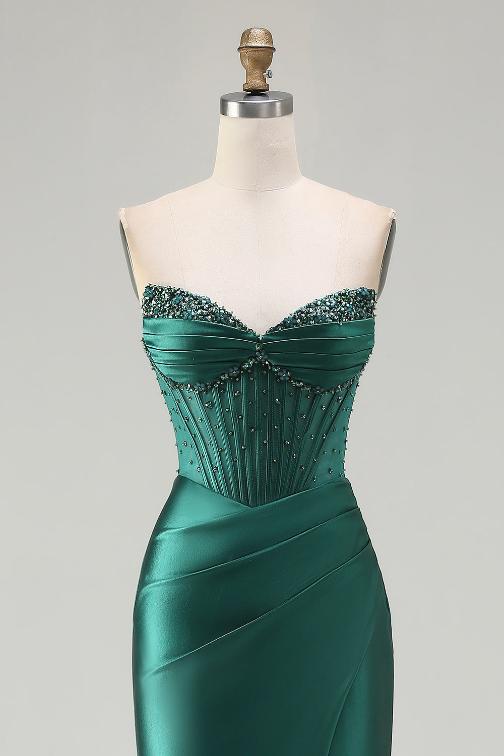 Emerald Green Beaded Satin Mermaid Sweetheart Lace Prom Dress SH448 Sheer Fairy