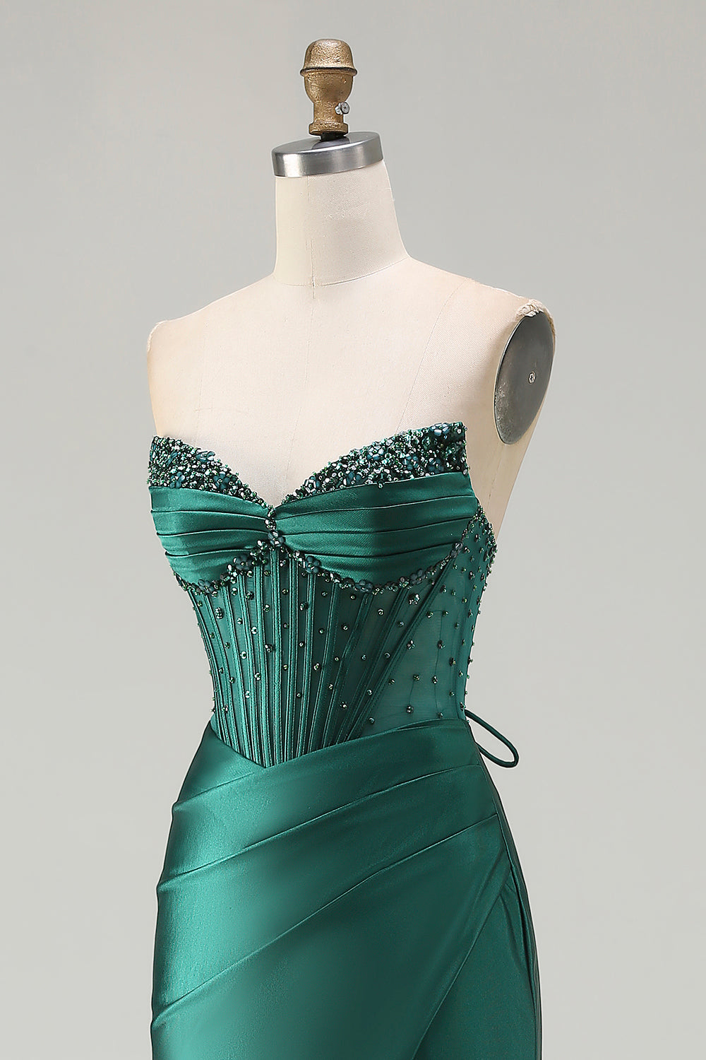 Emerald Green Beaded Satin Mermaid Sweetheart Lace Prom Dress SH448 Sheer Fairy