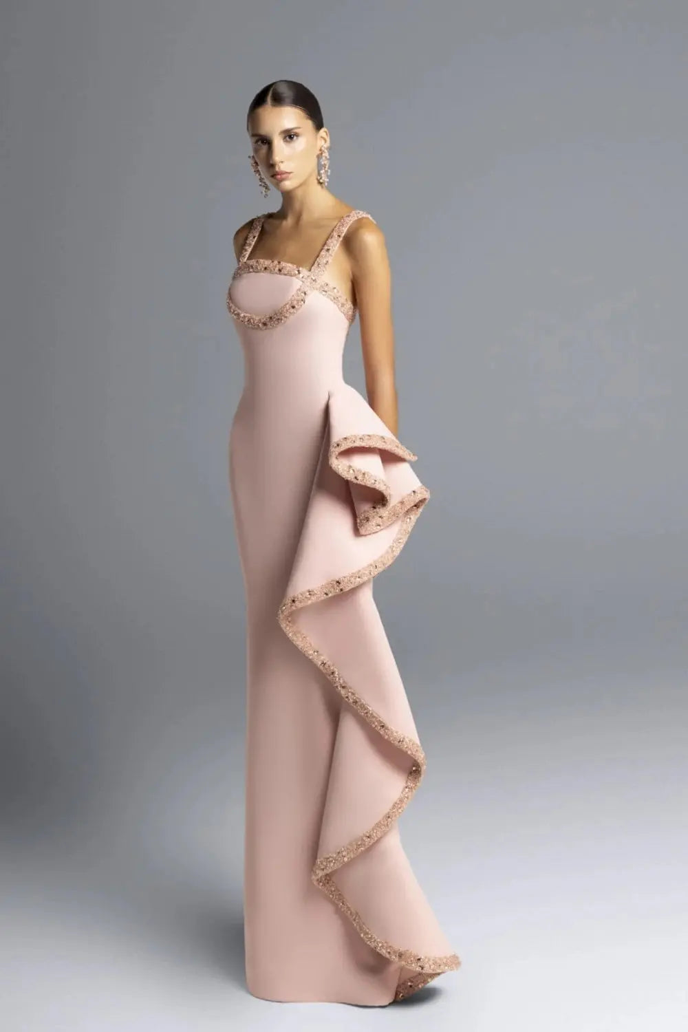 Blush Pink Crepe Square Neck Beaded Mermaid Evening Dress SF453 Sheer Fairy