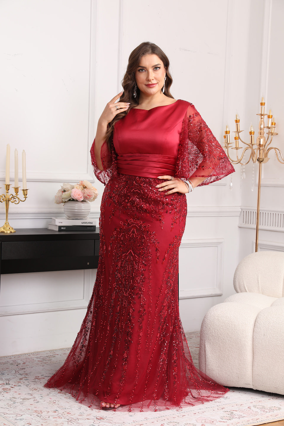 Curve-Friendly Wine Red Bell Sleeves Plus Size Evening Dress SF628
