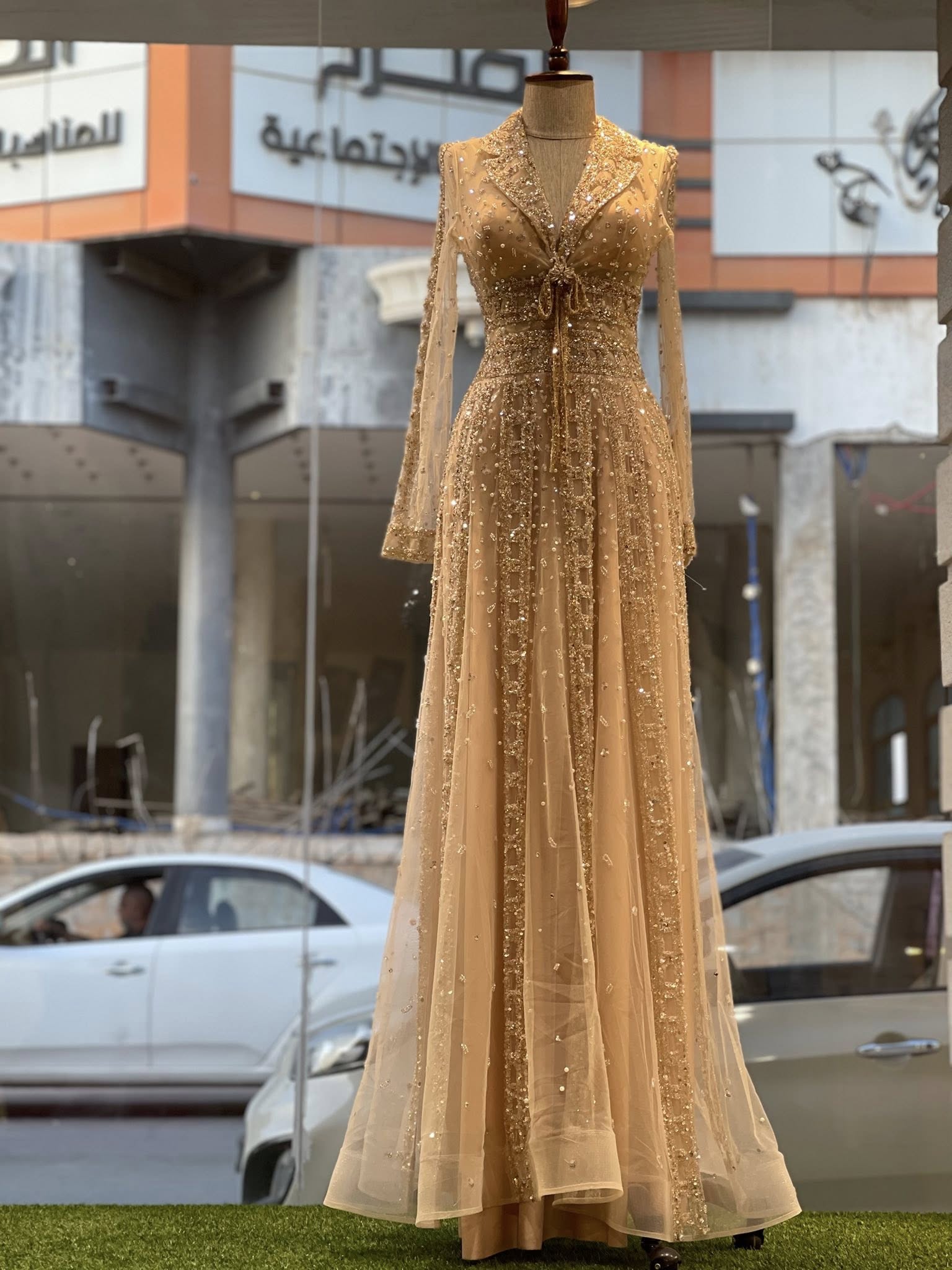 Beaded Sheer Sleeve Dusty Blue A-Line Formal Evening Dress SS419 Sheer Fairy