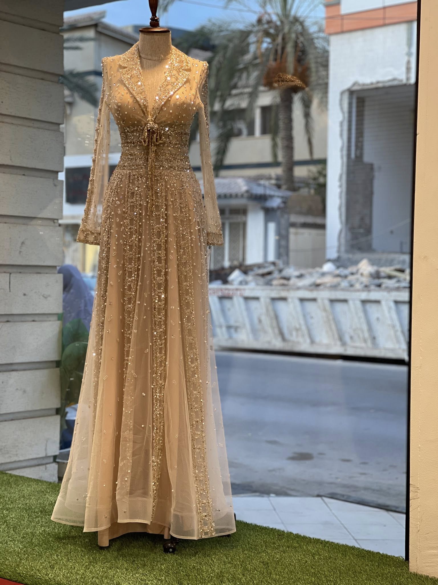 Beaded Sheer Sleeve Dusty Blue A-Line Formal Evening Dress SS419 Sheer Fairy