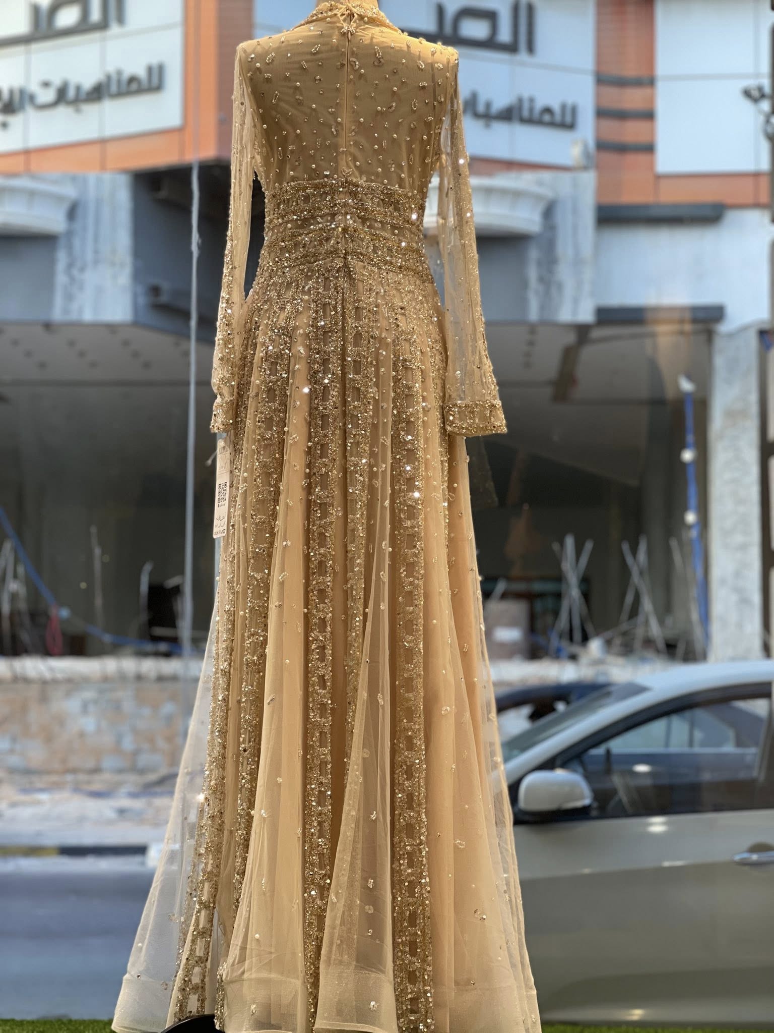 Beaded Sheer Sleeve Dusty Blue A-Line Formal Evening Dress SS419 Sheer Fairy