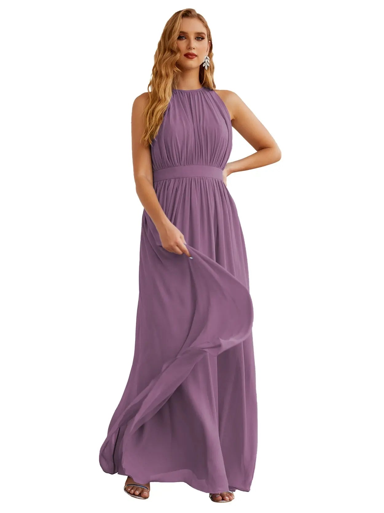 Elegant Dusty Blue High Neck Chiffon A-Line Bridesmaid Dress BS017 Sheer Fairy