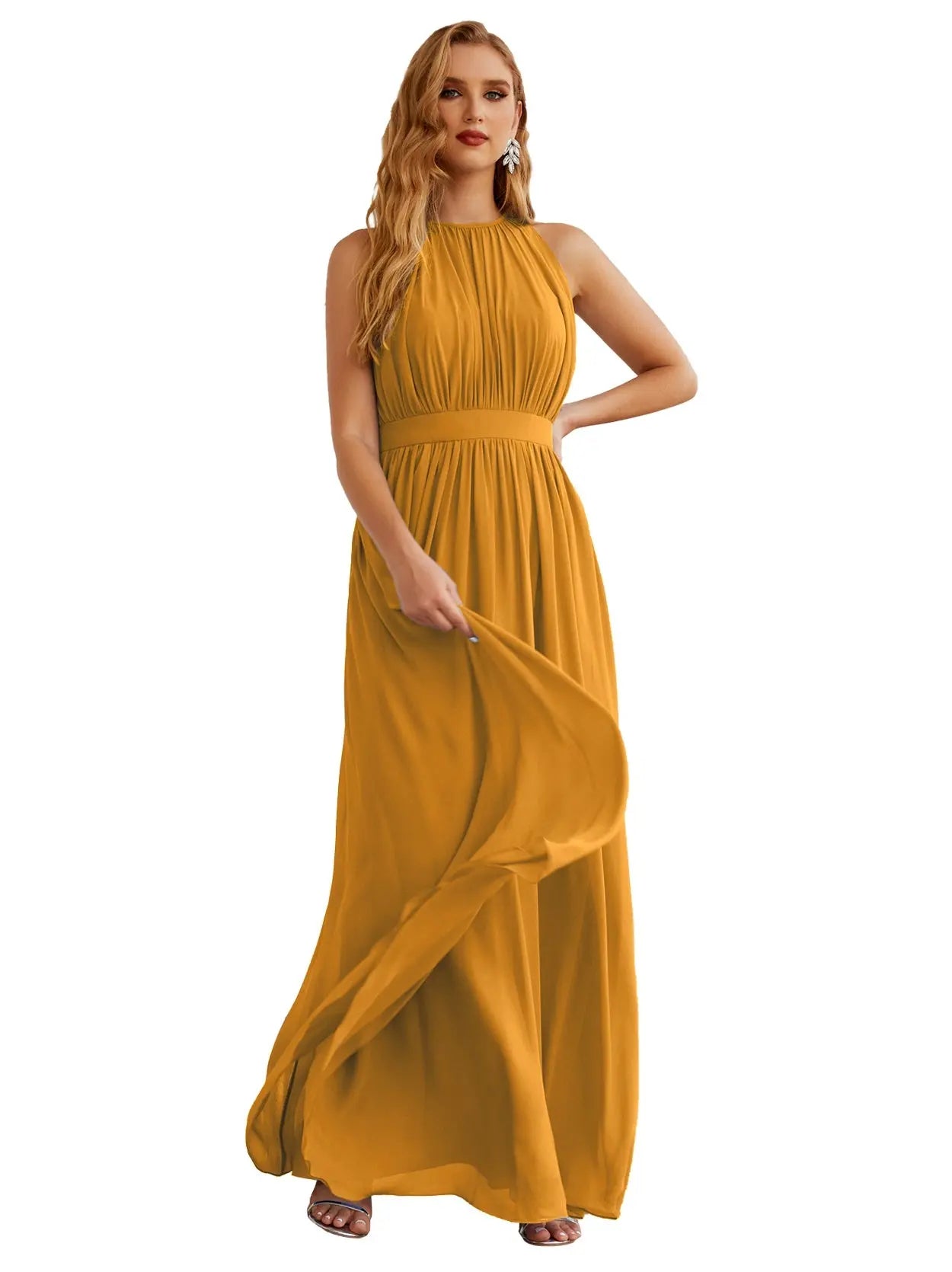 Elegant Dusty Blue High Neck Chiffon A-Line Bridesmaid Dress BS017 Sheer Fairy