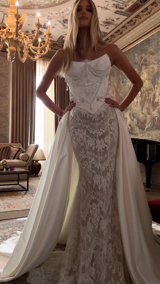 Strapless Beaded Lace Mermaid Wedding Dress with Detachable Satin Overskirt SW218 Sheer Fairy