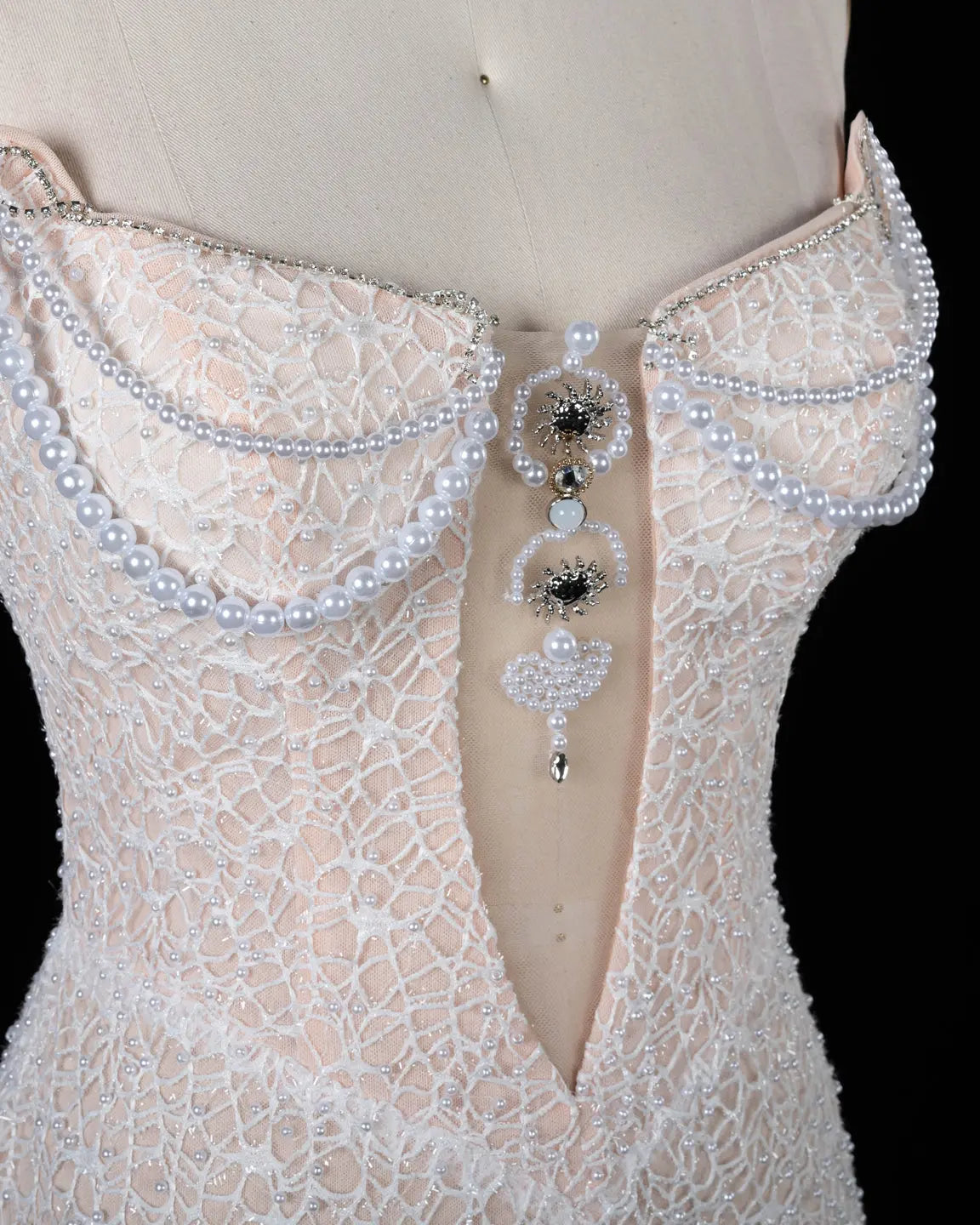 White Pearl Beaded Strapless Evening Dress ST102 Sheer Fairy