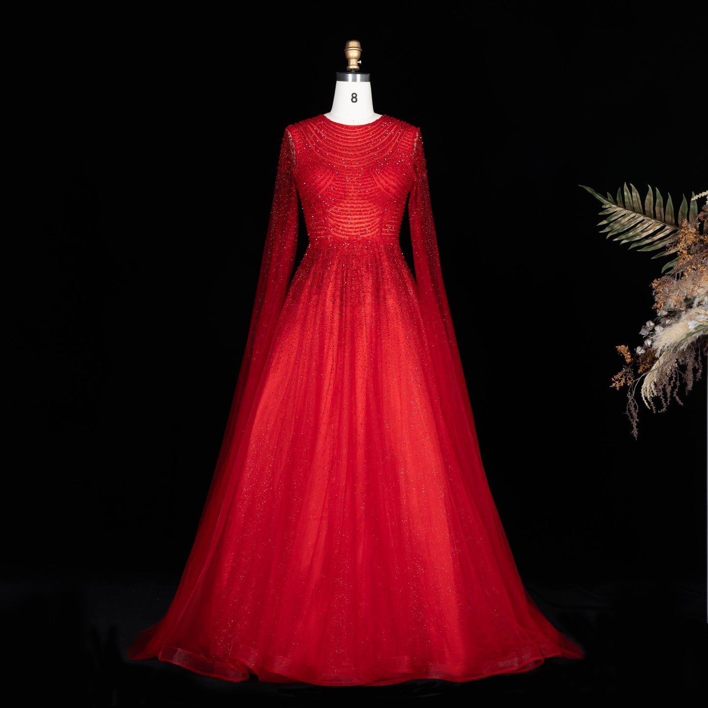 Sparkling Beaded A Line Evening Gown Long Cape Sleeves Glitzy Prom Dress SS059 Sheer Fairy