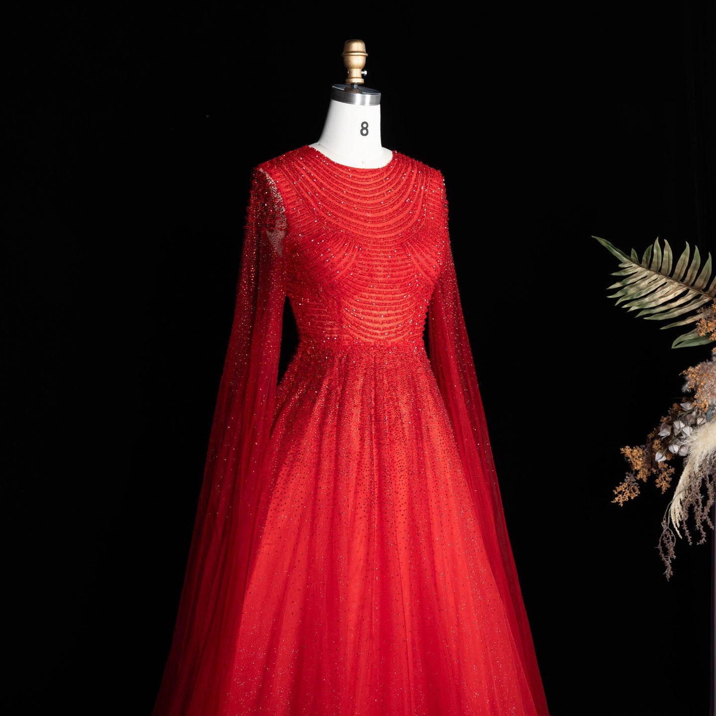 Sparkling Beaded A Line Evening Gown Long Cape Sleeves Glitzy Prom Dress SS059 Sheer Fairy