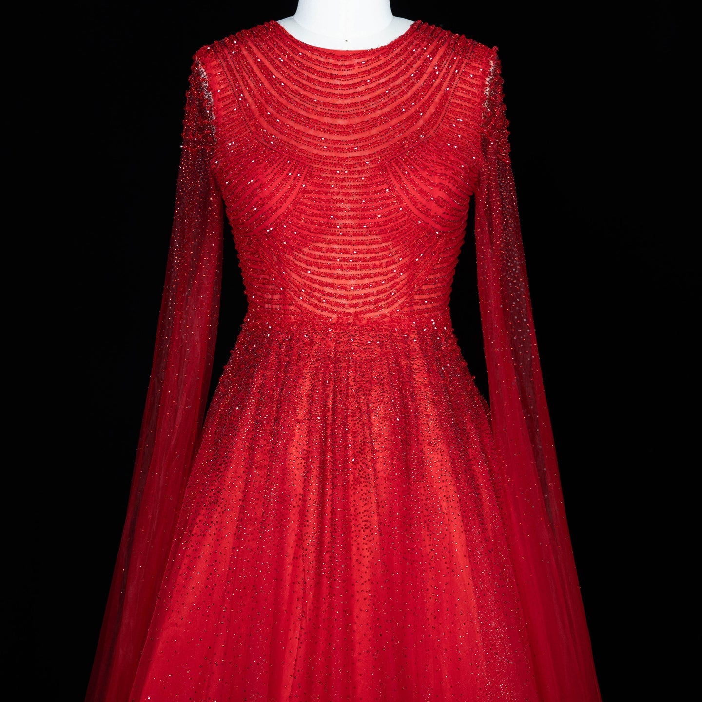 Sparkling Beaded A Line Evening Gown Long Cape Sleeves Glitzy Prom Dress SS059 Sheer Fairy