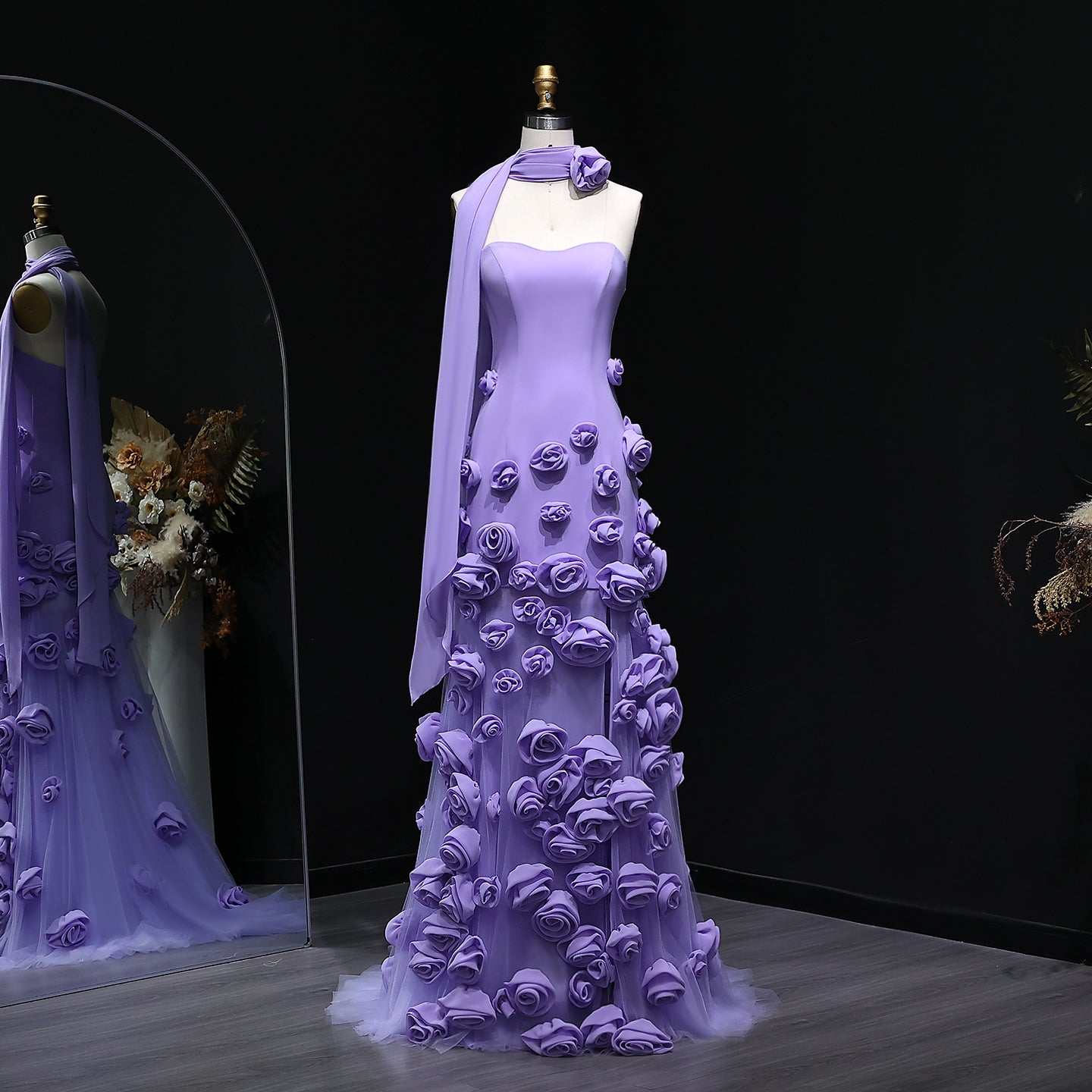 Modest 3D Rose Strapless Mermaid Evening Dress with Train SS207 Sheer Fairy