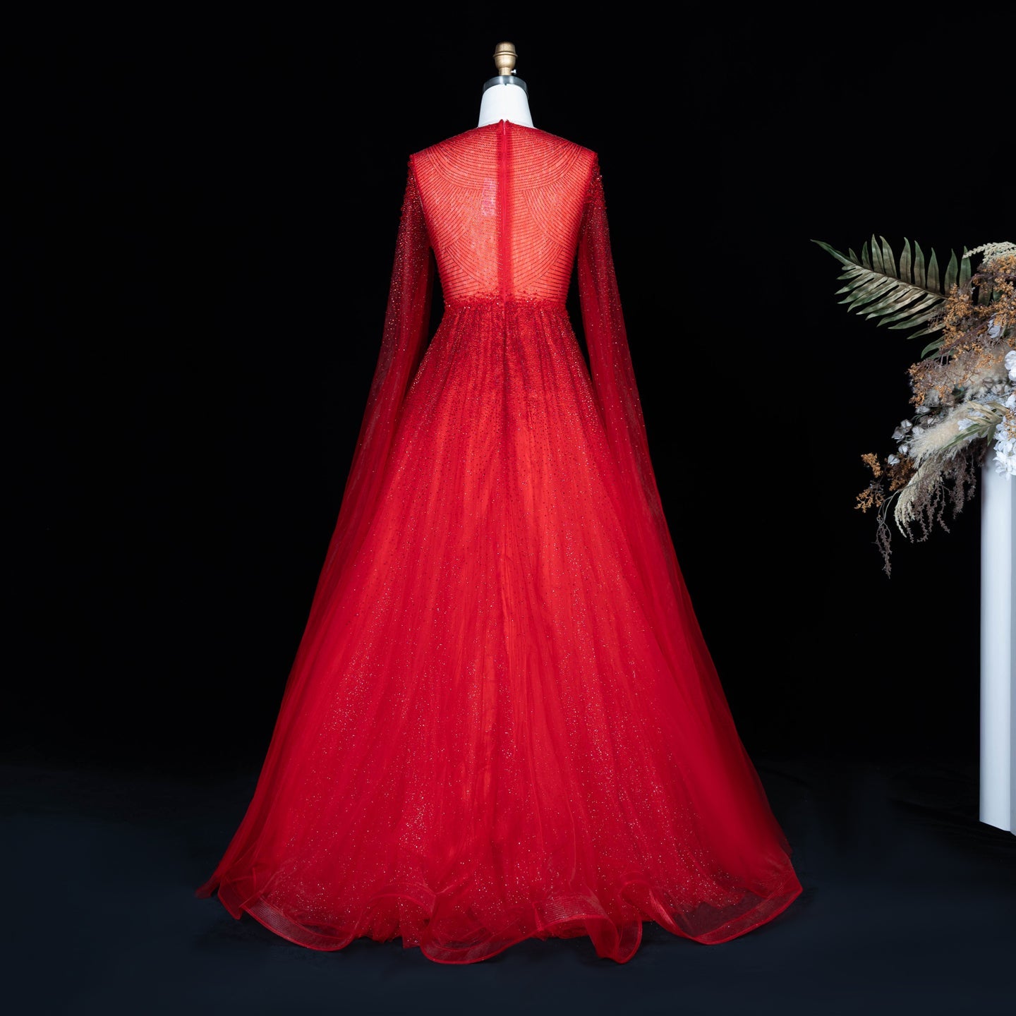 Sparkling Beaded A Line Evening Gown Long Cape Sleeves Glitzy Prom Dress SS059 Sheer Fairy