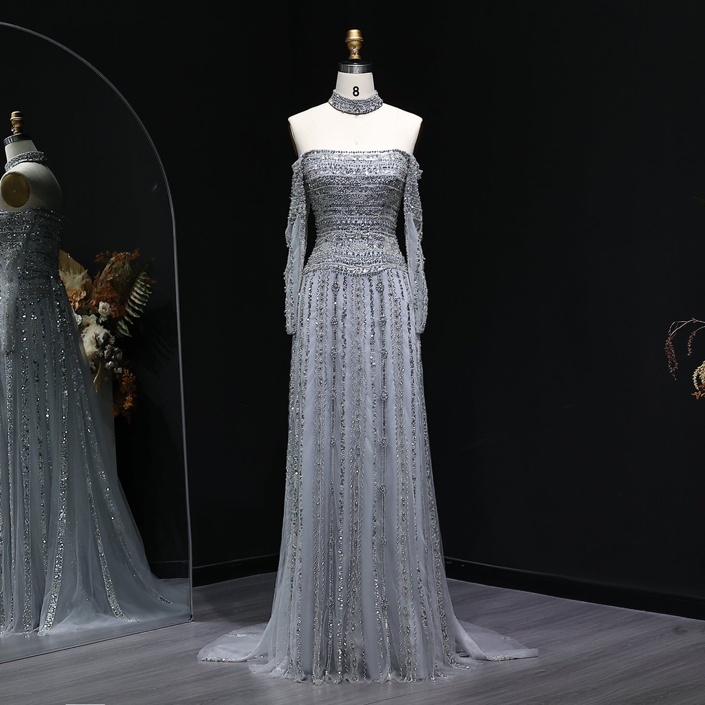 Sexy Off the Shoulder Long Sleeve Beaded Grey Evening Dress for Women SS178 Sheer Fairy