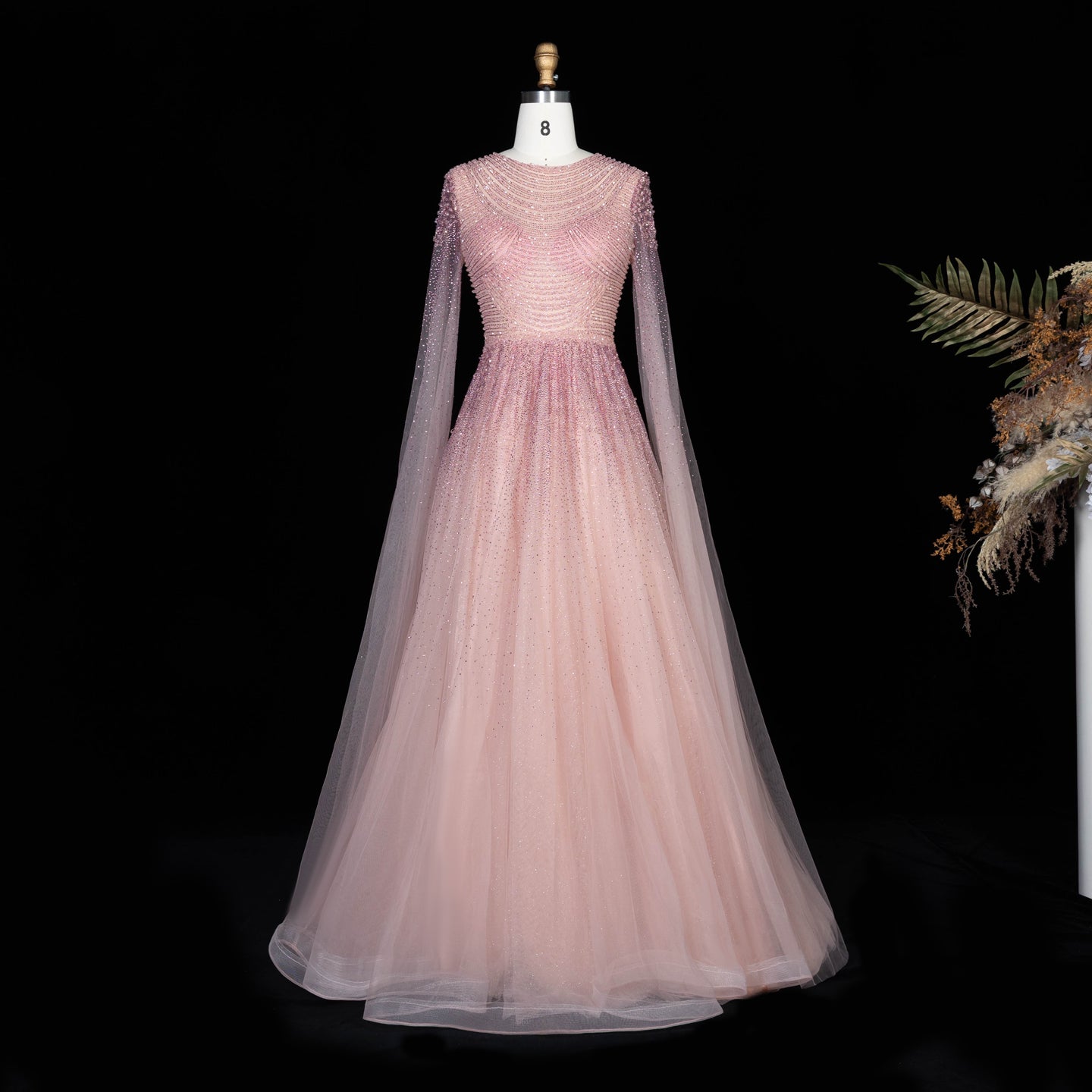 Sparkling Beaded A Line Evening Gown Long Cape Sleeves Glitzy Prom Dress SS059 Sheer Fairy
