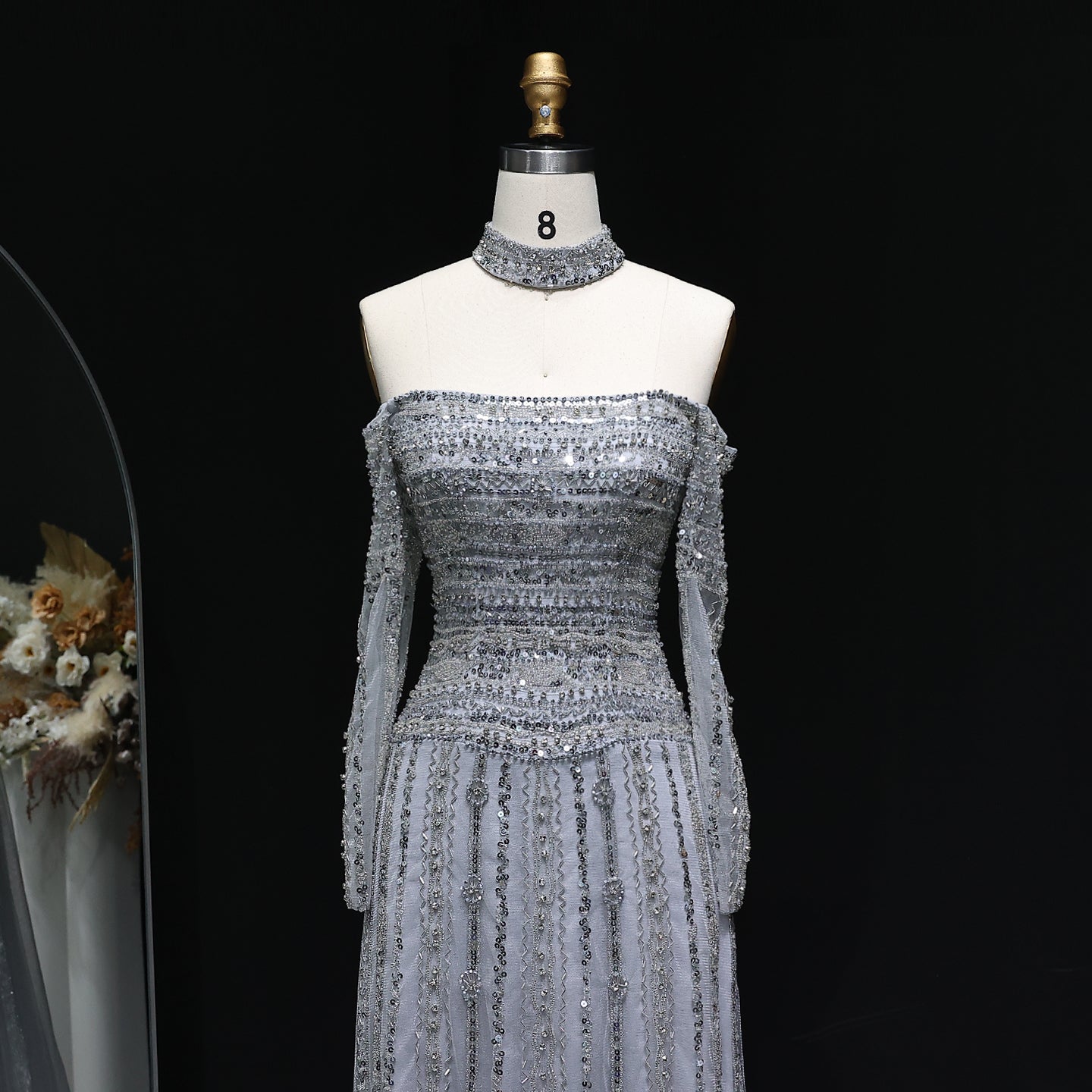 Sexy Off the Shoulder Long Sleeve Beaded Grey Evening Dress for Women SS178 Sheer Fairy