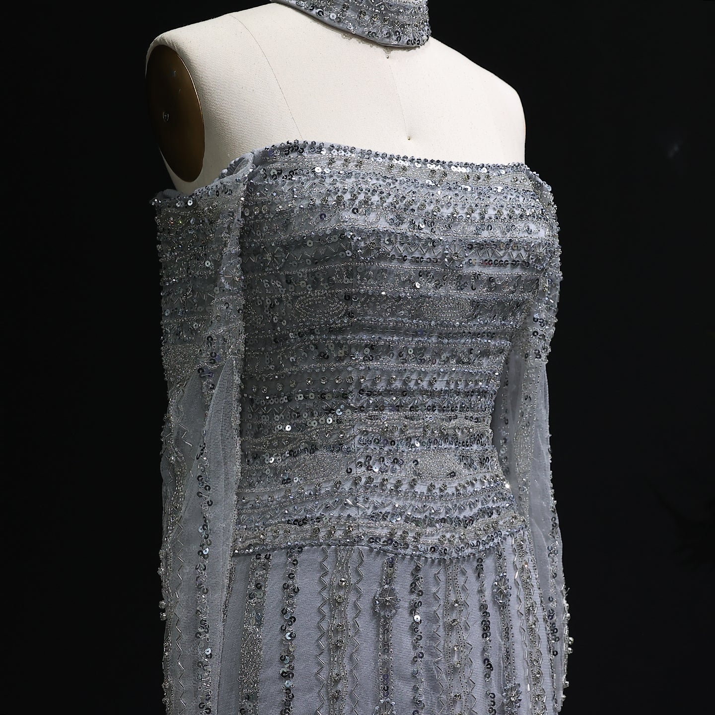 Sexy Off the Shoulder Long Sleeve Beaded Grey Evening Dress for Women SS178 Sheer Fairy