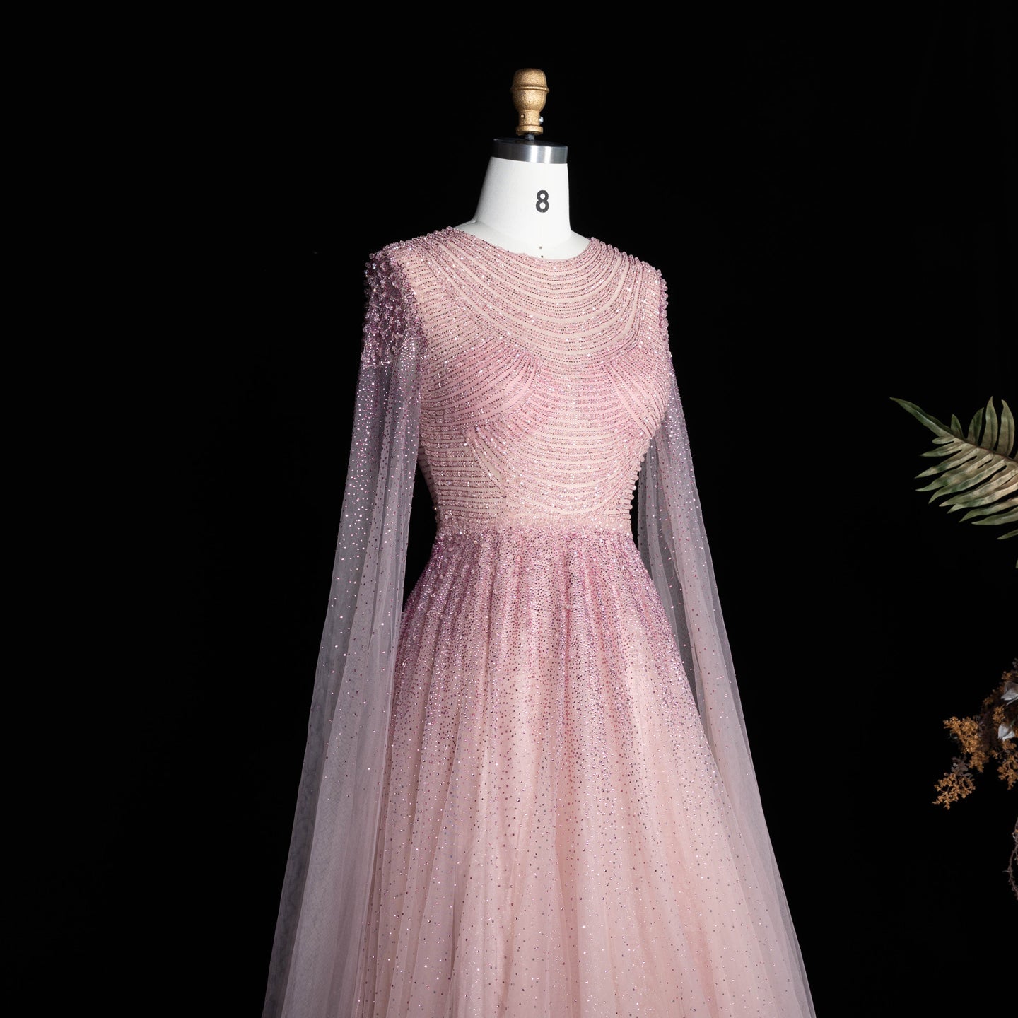 Sparkling Beaded A Line Evening Gown Long Cape Sleeves Glitzy Prom Dress SS059 Sheer Fairy