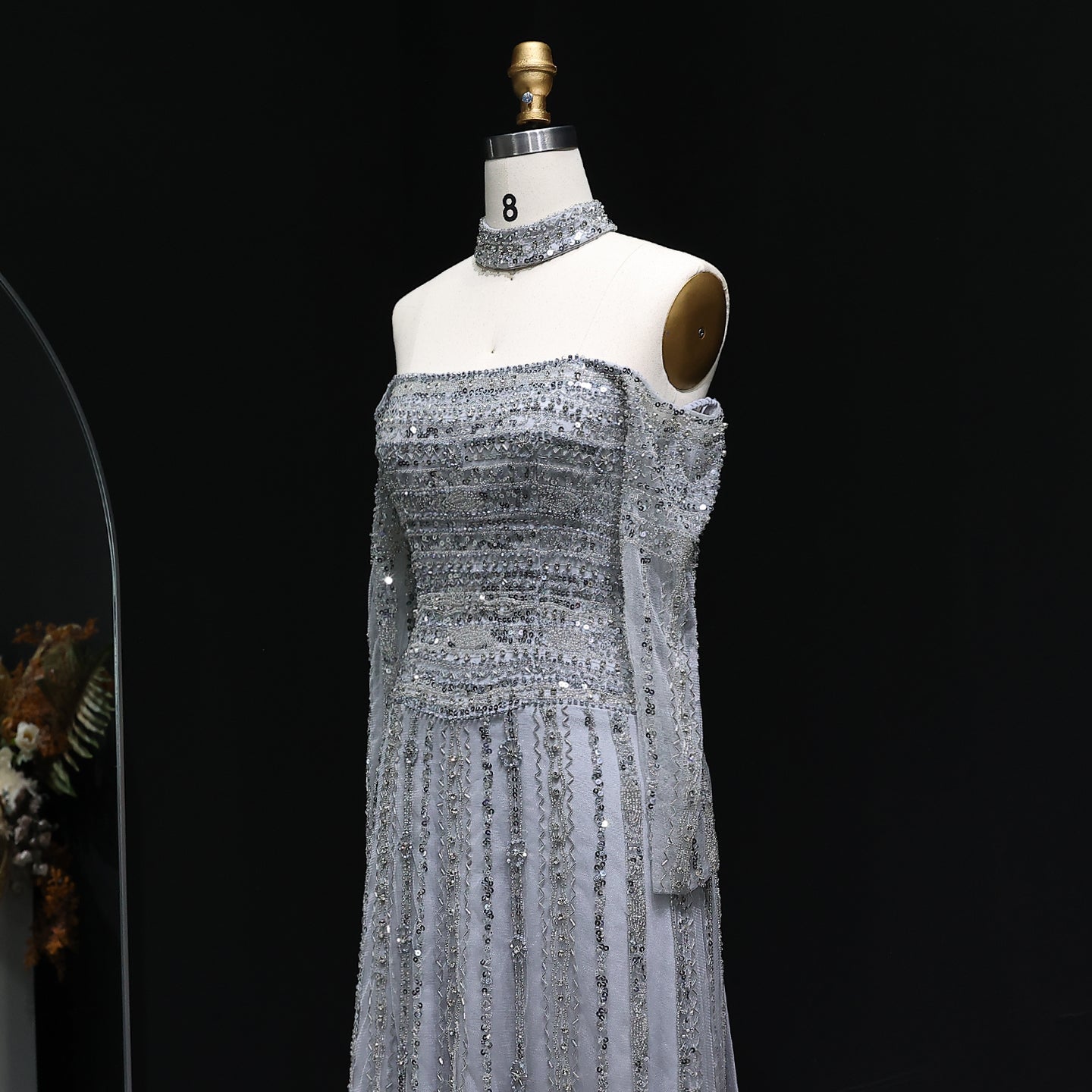 Sexy Off the Shoulder Long Sleeve Beaded Grey Evening Dress for Women SS178 Sheer Fairy