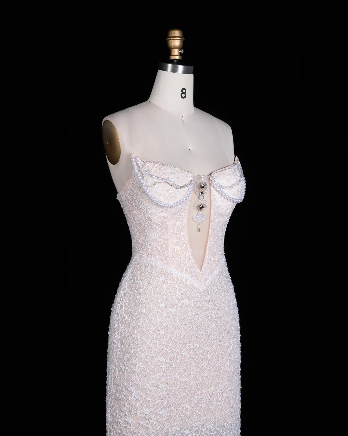 White Pearl Beaded Strapless Evening Dress ST102 Sheer Fairy