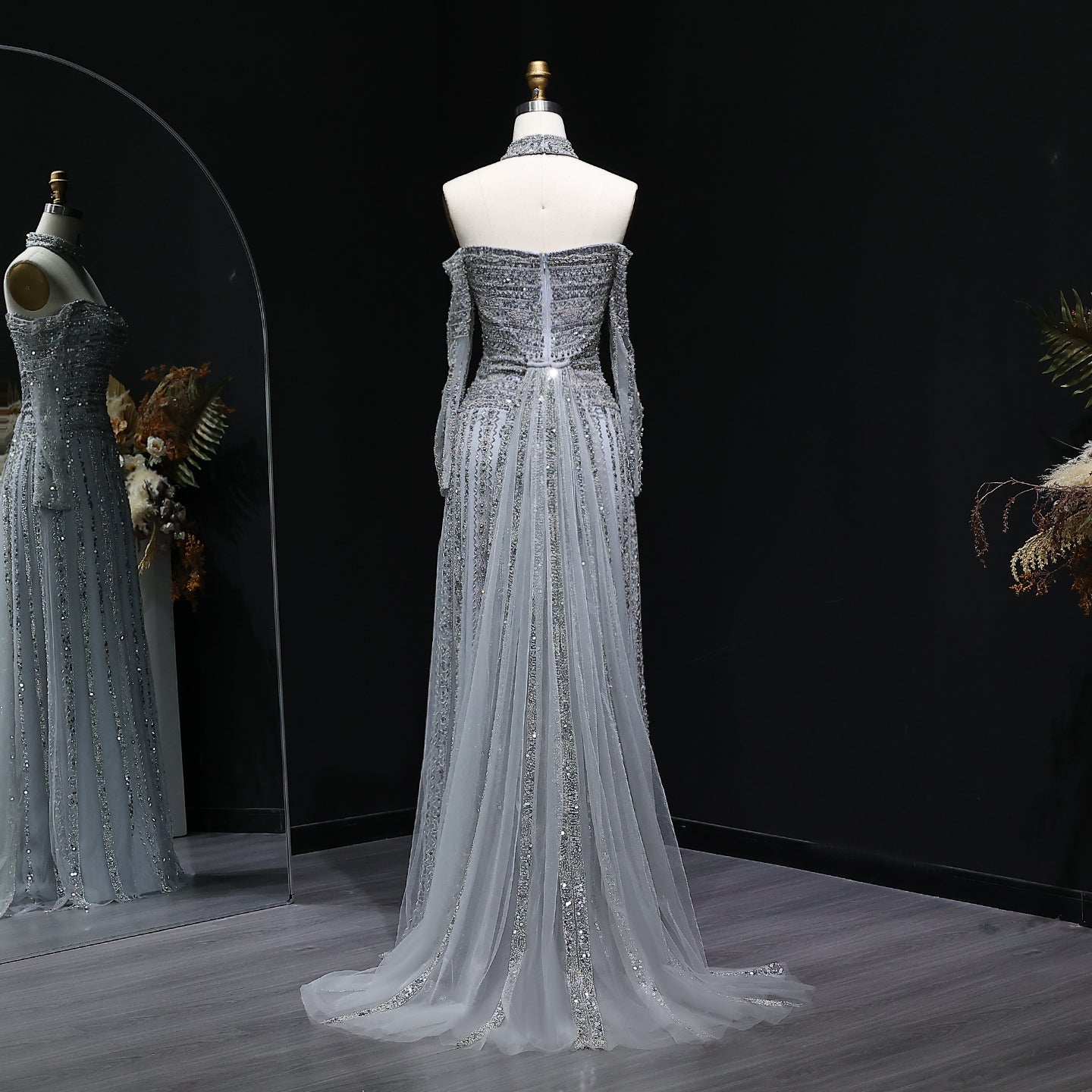 Sexy Off the Shoulder Long Sleeve Beaded Grey Evening Dress for Women SS178 Sheer Fairy