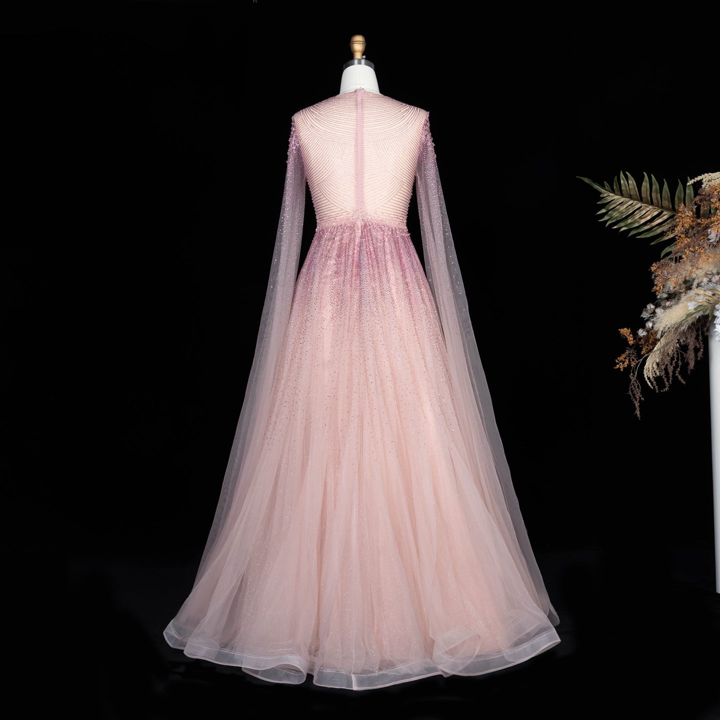 Sparkling Beaded A Line Evening Gown Long Cape Sleeves Glitzy Prom Dress SS059 Sheer Fairy