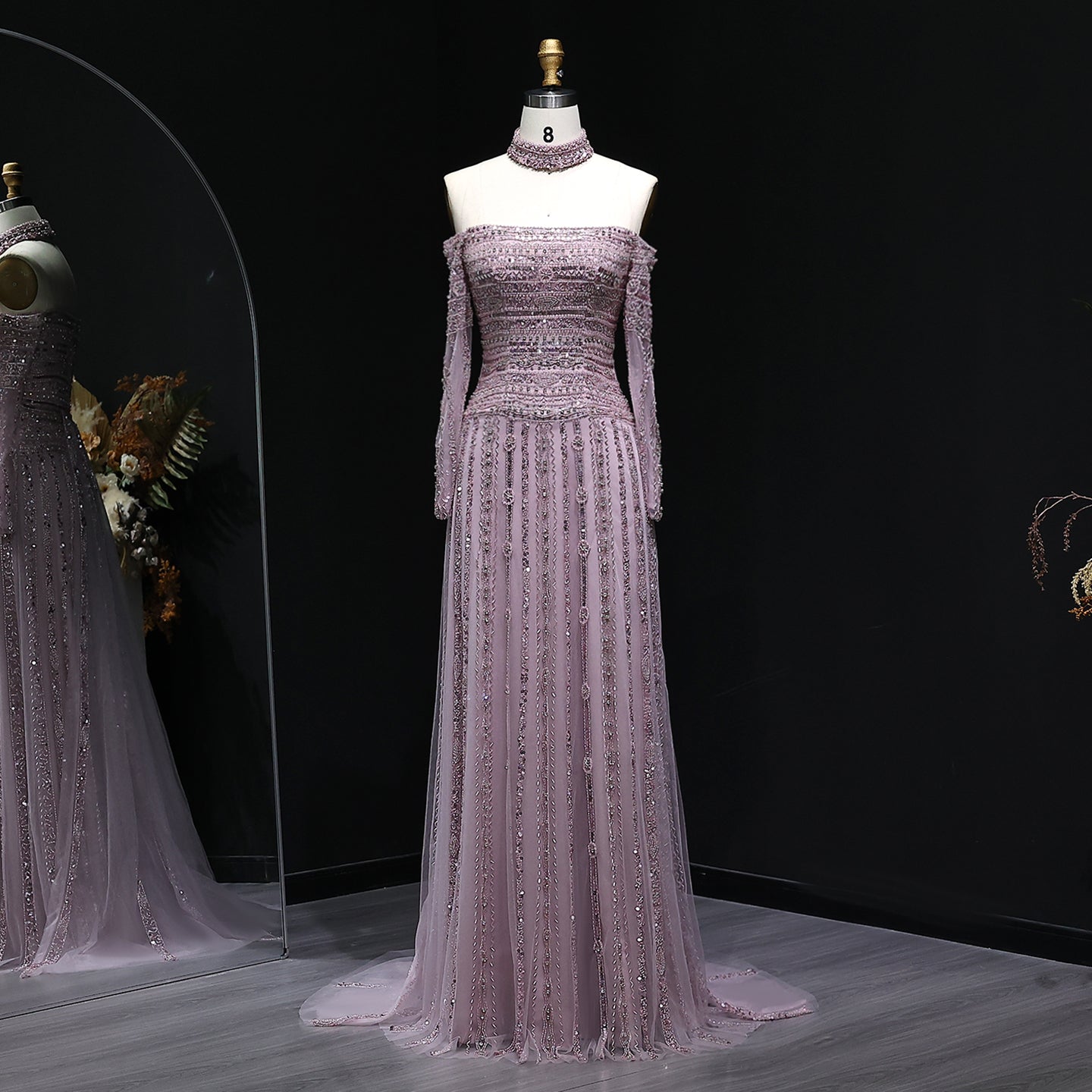 Sexy Off the Shoulder Long Sleeve Beaded Grey Evening Dress for Women SS178 Sheer Fairy
