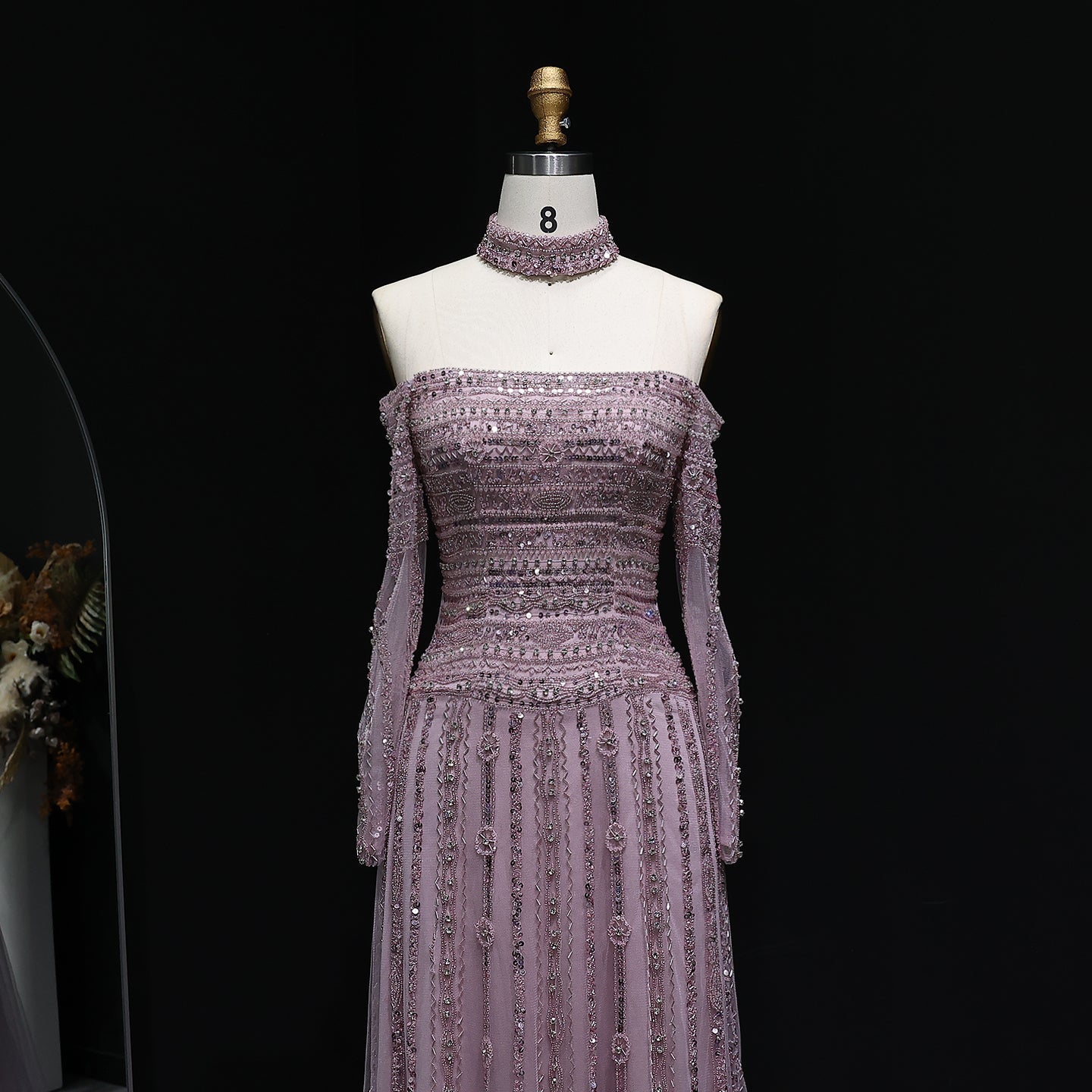 Sexy Off the Shoulder Long Sleeve Beaded Grey Evening Dress for Women SS178 Sheer Fairy