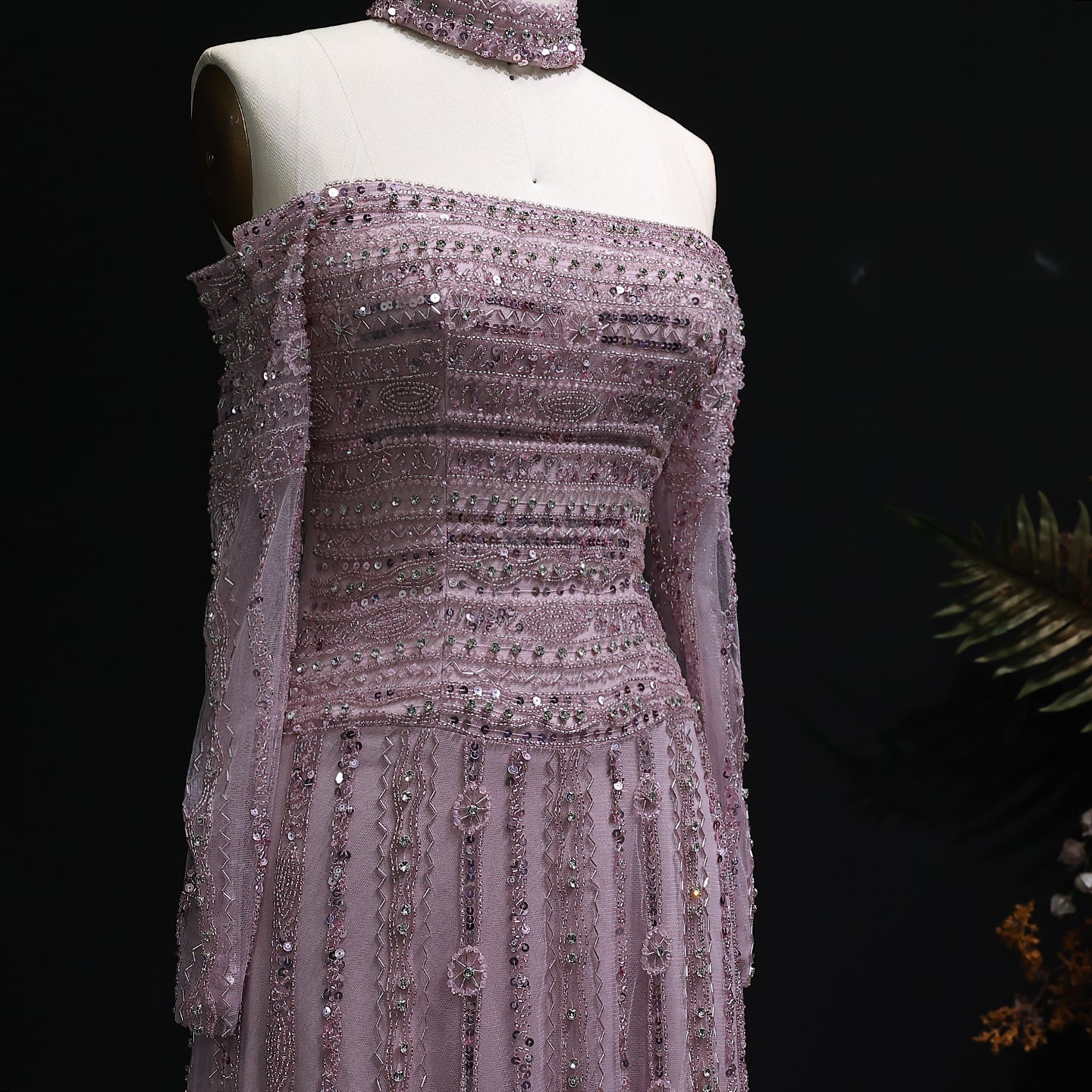 Sexy Off the Shoulder Long Sleeve Beaded Grey Evening Dress for Women SS178 Sheer Fairy