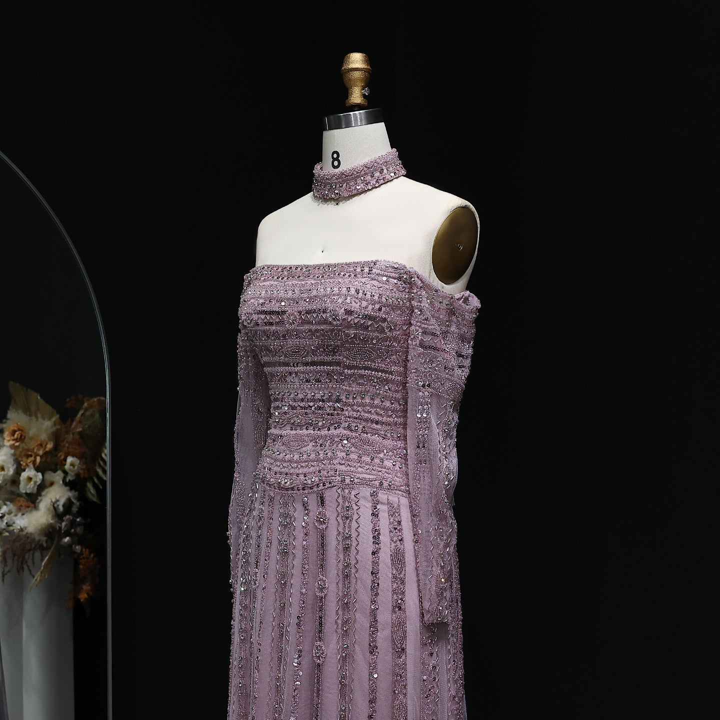 Sexy Off the Shoulder Long Sleeve Beaded Grey Evening Dress for Women SS178 Sheer Fairy