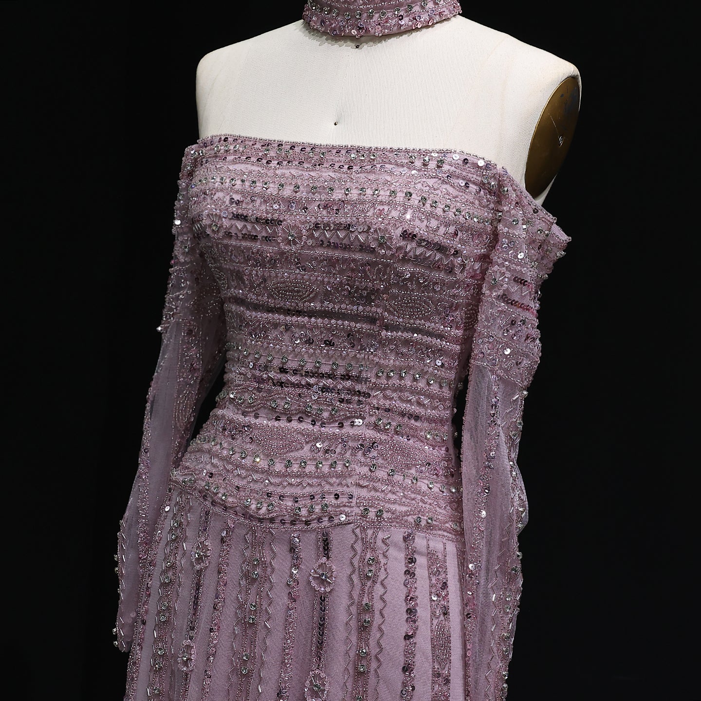 Sexy Off the Shoulder Long Sleeve Beaded Grey Evening Dress for Women SS178 Sheer Fairy