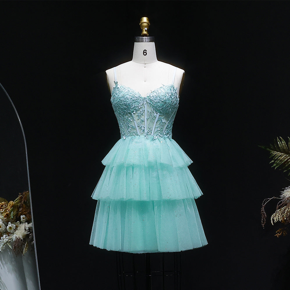 Turquoise Beaded Corset Tiered Tulle Homecoming Dress with Lace-Up Back RM141 Sheer Fairy