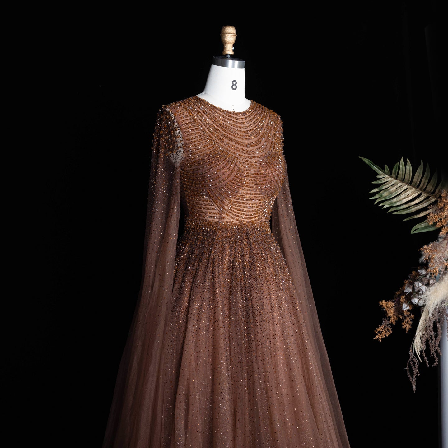 Sparkling Beaded A Line Evening Gown Long Cape Sleeves Glitzy Prom Dress SS059 Sheer Fairy