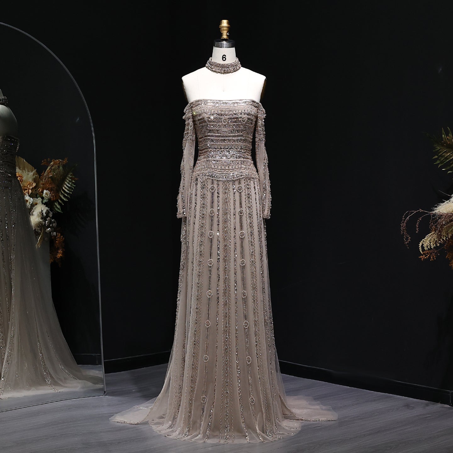 Sexy Off the Shoulder Long Sleeve Beaded Grey Evening Dress for Women SS178 Sheer Fairy