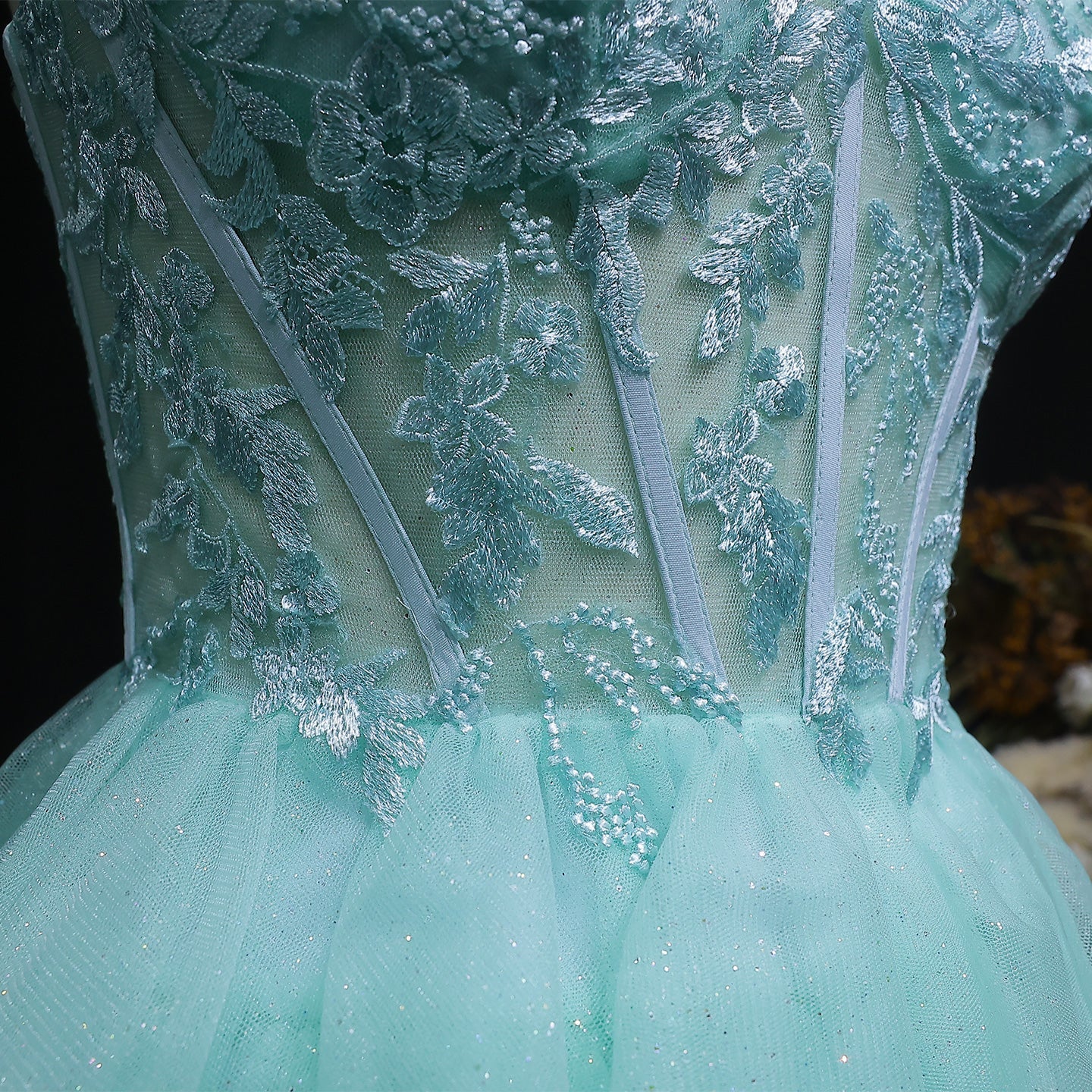 Turquoise Beaded Corset Tiered Tulle Homecoming Dress with Lace-Up Back RM141 Sheer Fairy